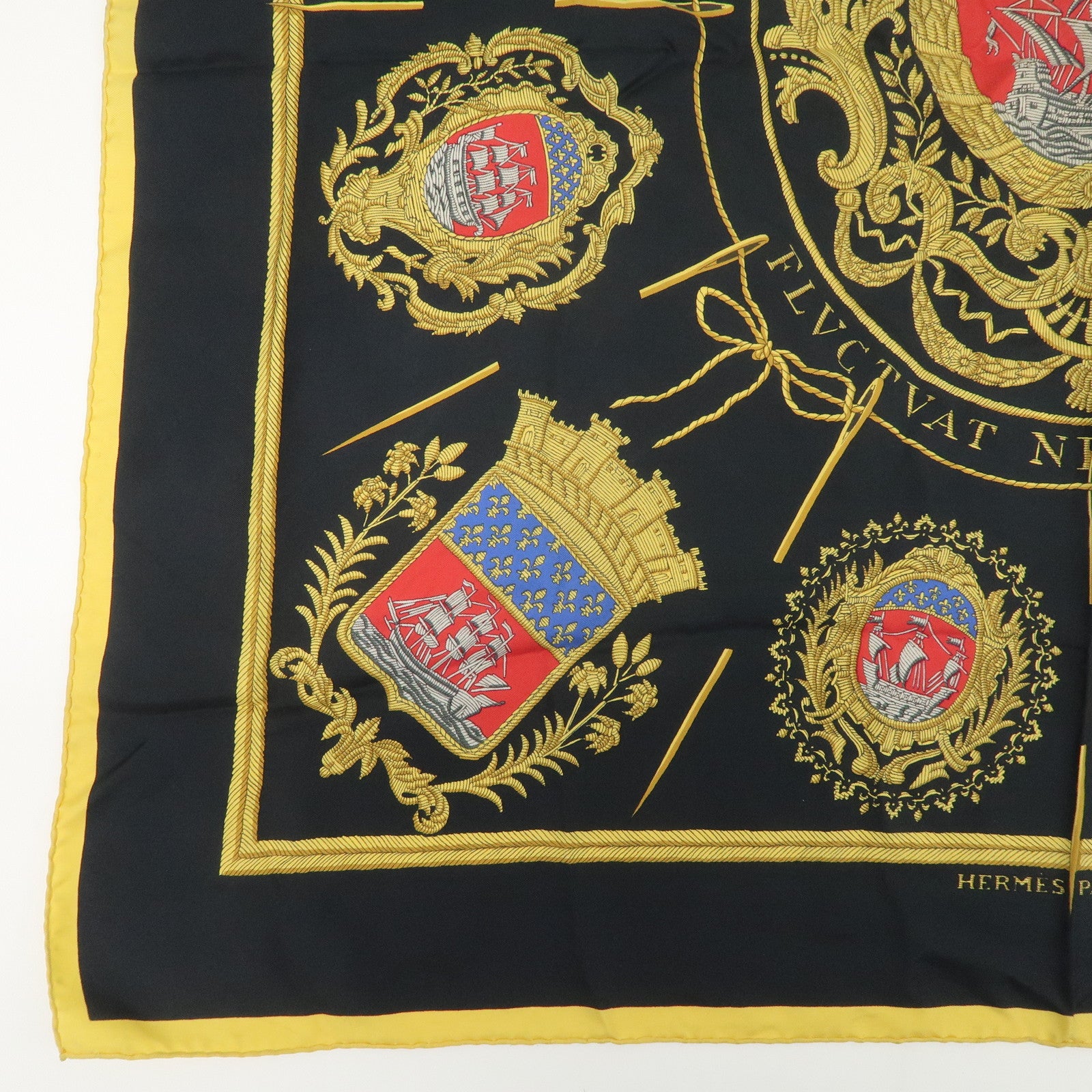 HERMES Carre 90 Silk 100% LES ARMES DE PARIS Scarf Black Gold