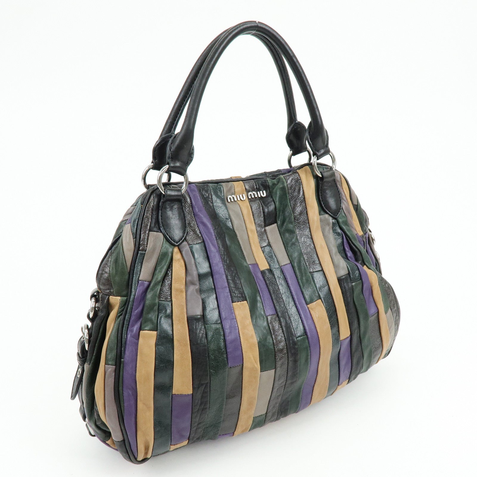 MIU MIU Logo Leather Hand Bag Shoulder Bag Black Purple Green