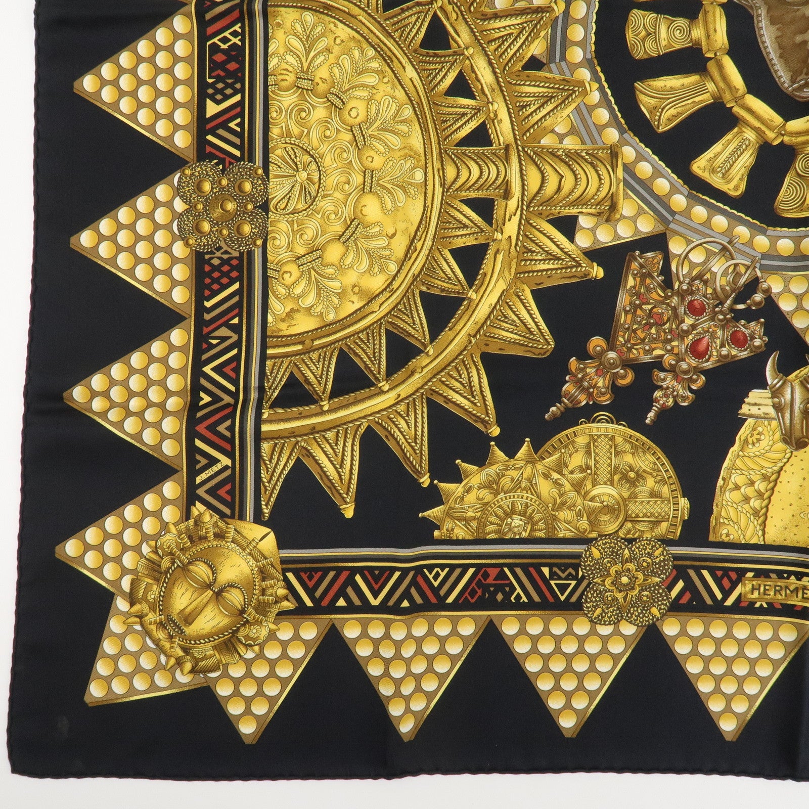 HERMES Carre 90 Silk 100% Scarf L'OR DES CHEFS Gold Black Used