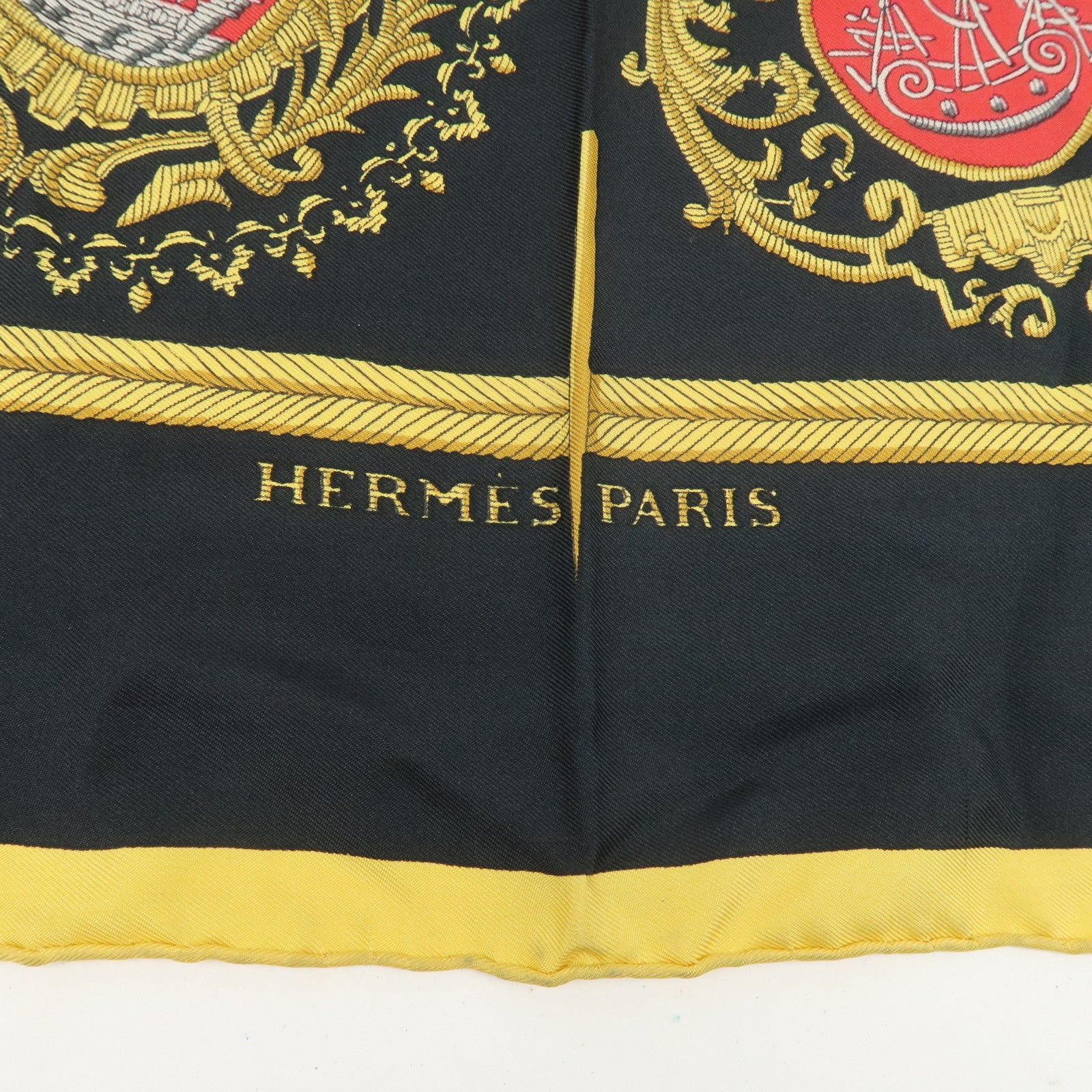 HERMES Carre 90 Silk 100% LES ARMES DE PARIS Scarf Black Gold