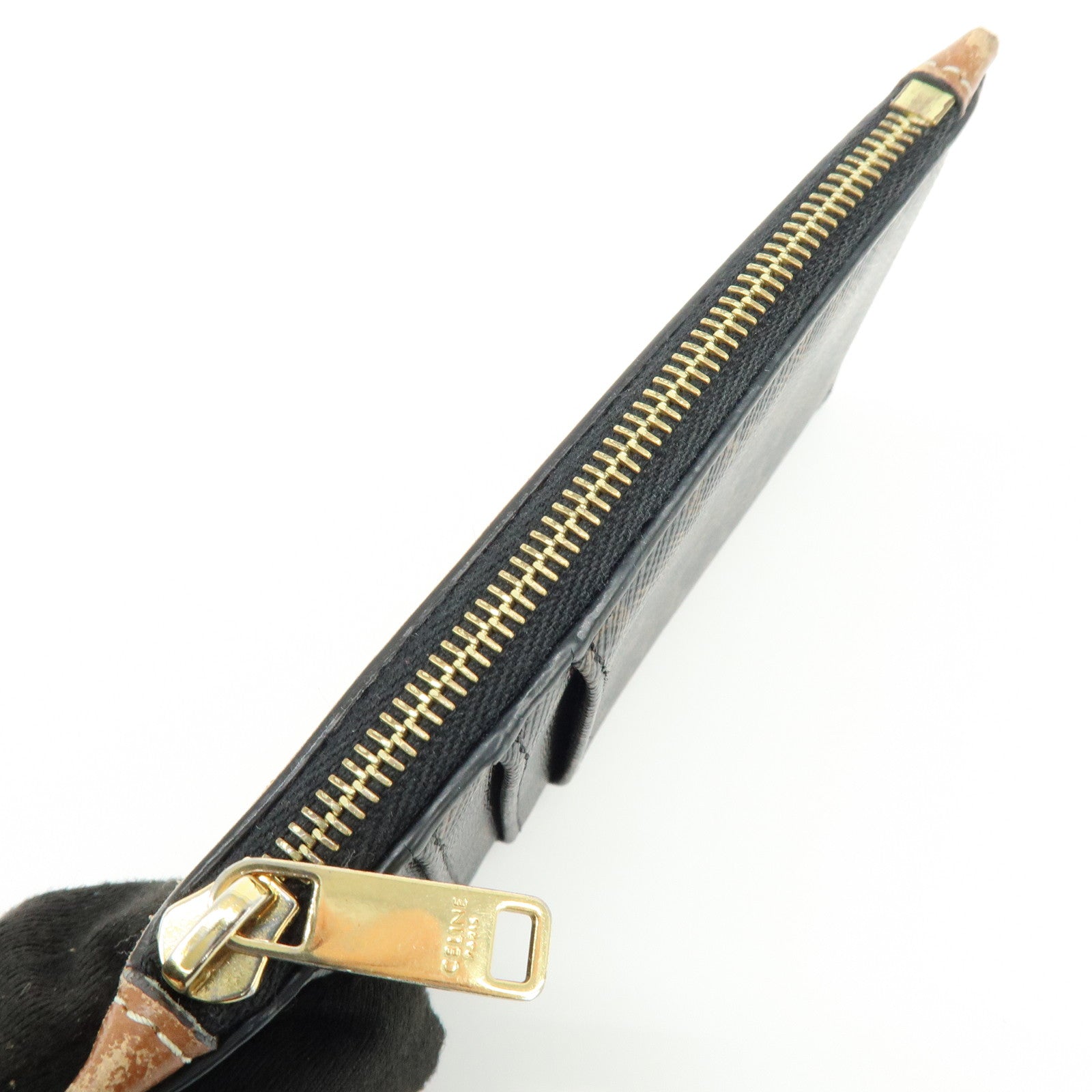 CELINE Triomphe Leather PVC Canvas Card Fragment Case Black Brown