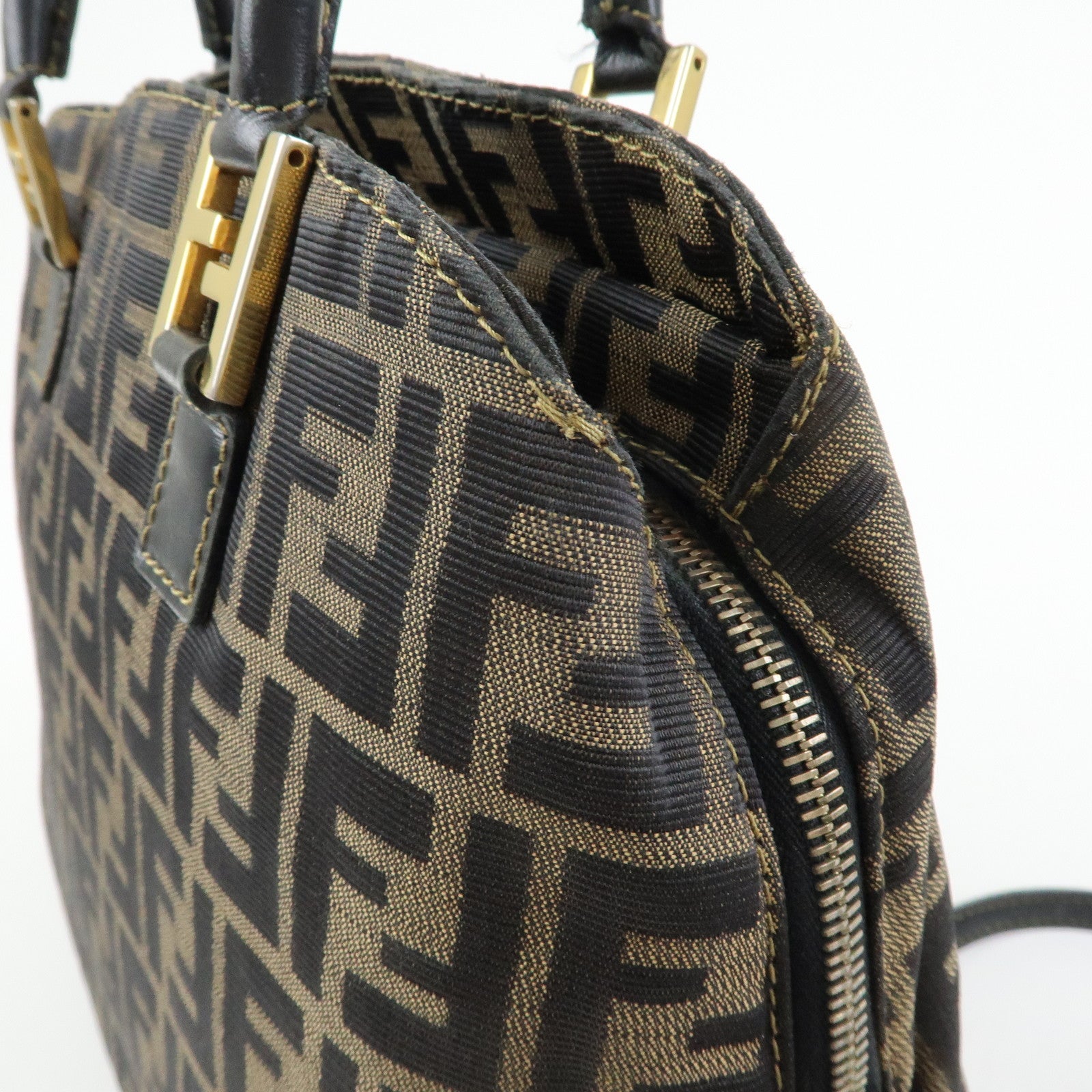 FENDI Zucca Canvas Leather 2Way Bag Hand Bag Shoulder Bag Brown