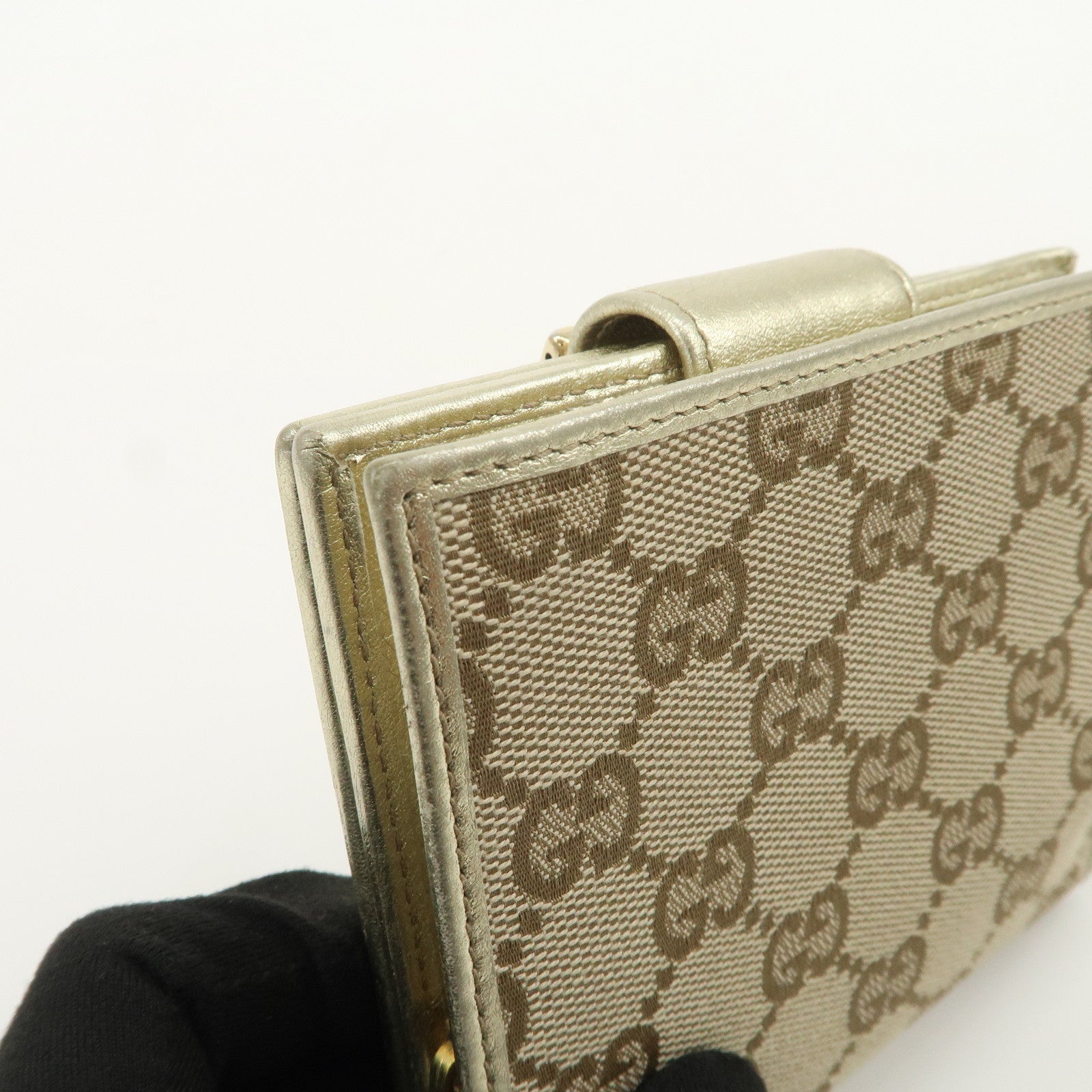 GUCCI Abbey GG Canvas Leather Bi-fold Wallet Beige Gold 154255
