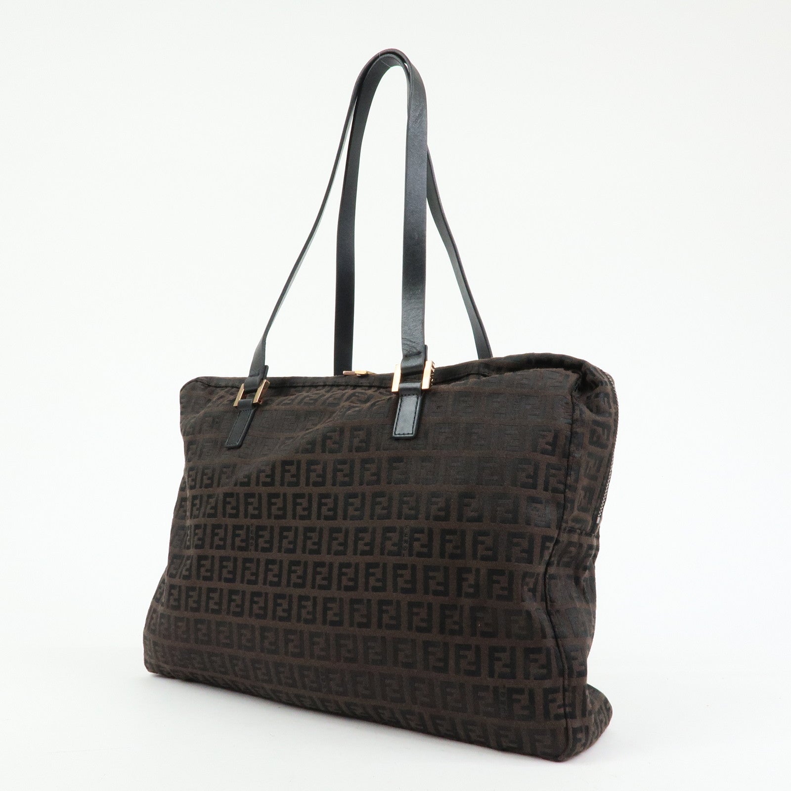 FENDI Zucchino Canvas Leather Tote Shoulder Boston Bag Brown 8BH031
