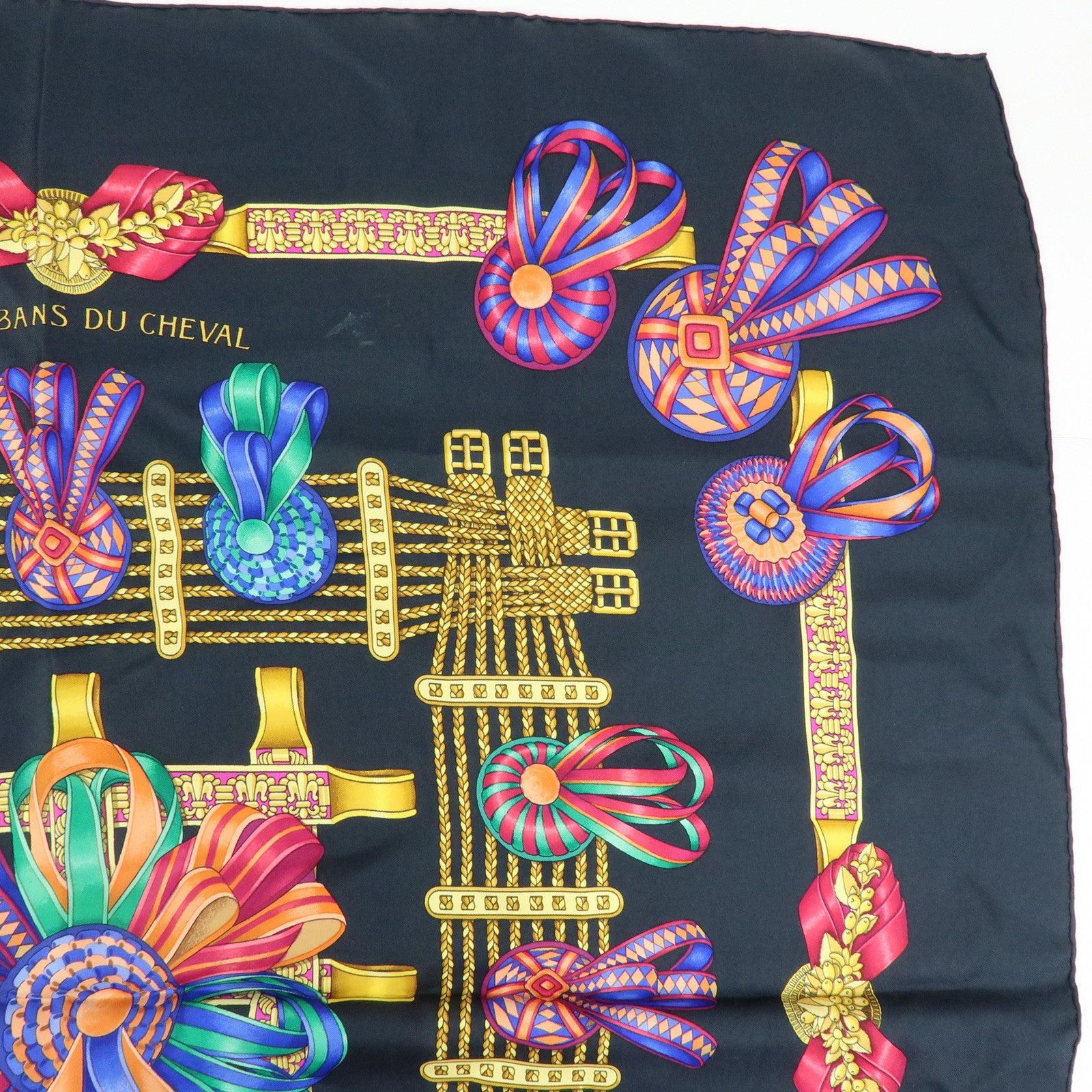 HERMES Carre 90 Silk 100% LES RUBANS DU CHEVAL Scarf Black Yellow