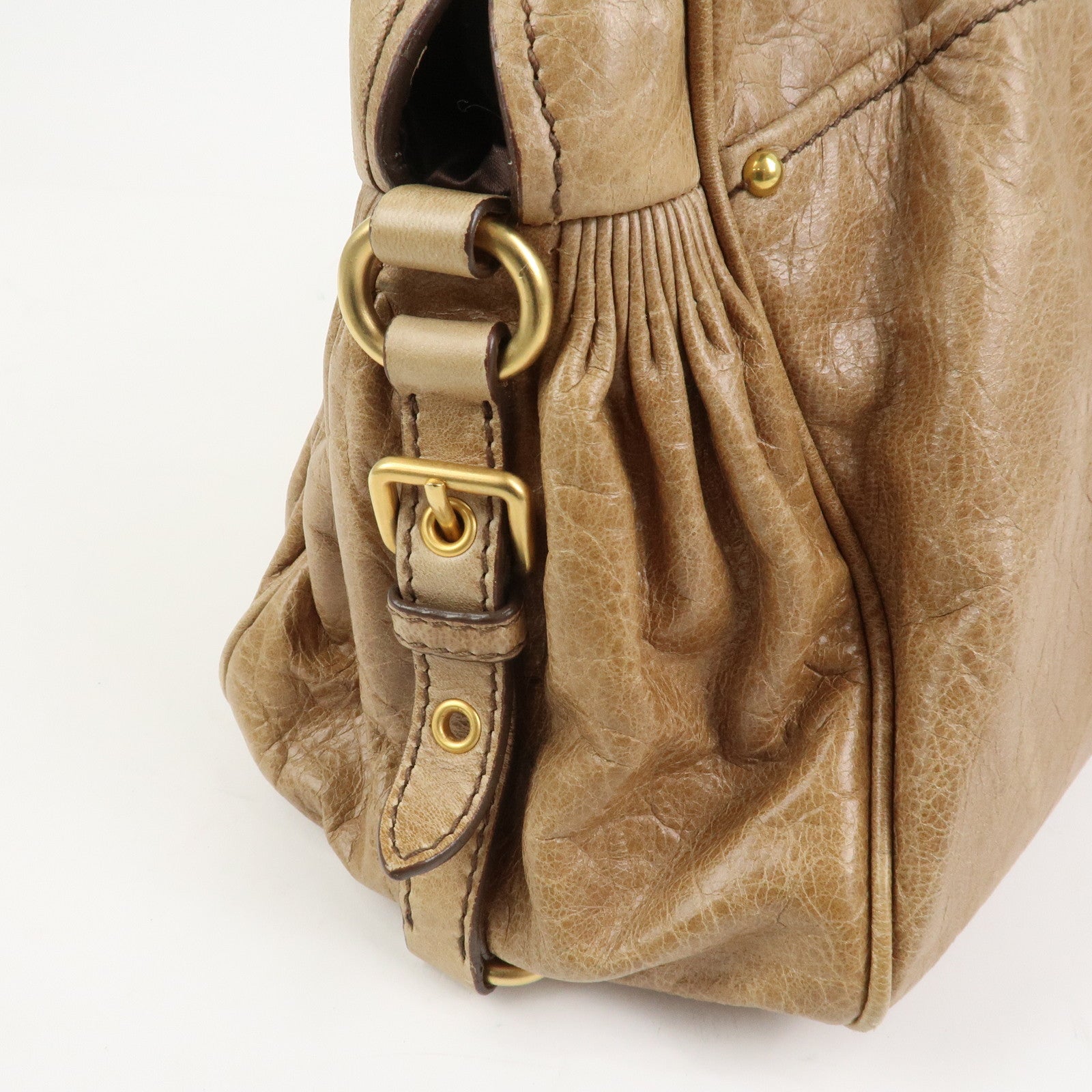 MIU MIU Logo Leather Hand Bag Boston Bag Light Brown