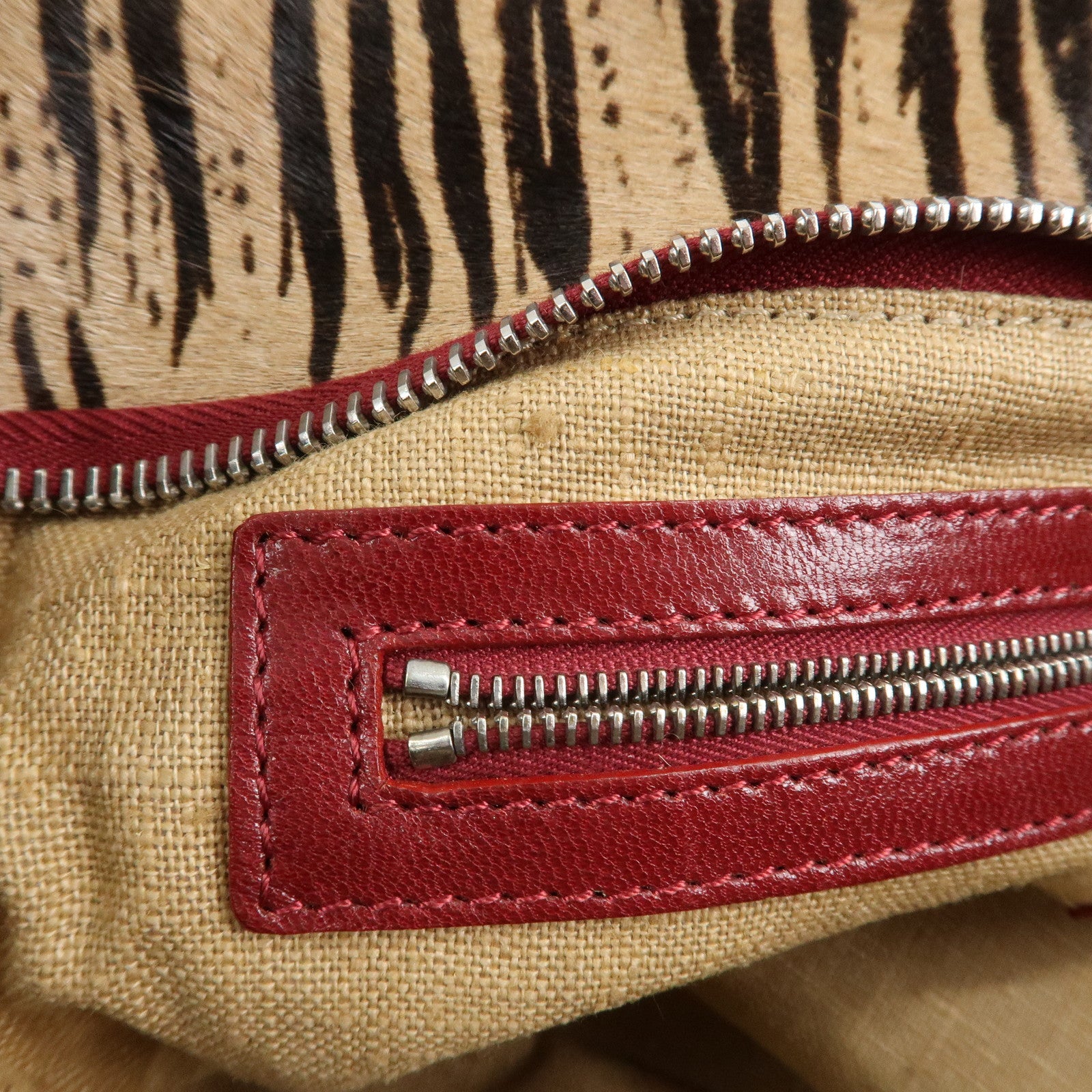FENDI Leather Unborn Calf Tote Bag Hand Bag Zebra Brown Red Used