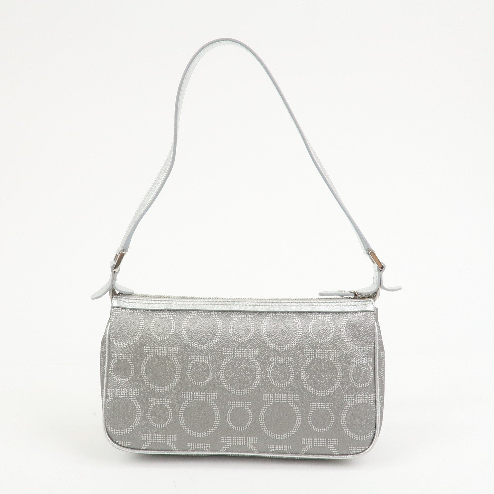 Ferragamo Gancini Logo Leather Shoulder Bag Hand Bag Silver