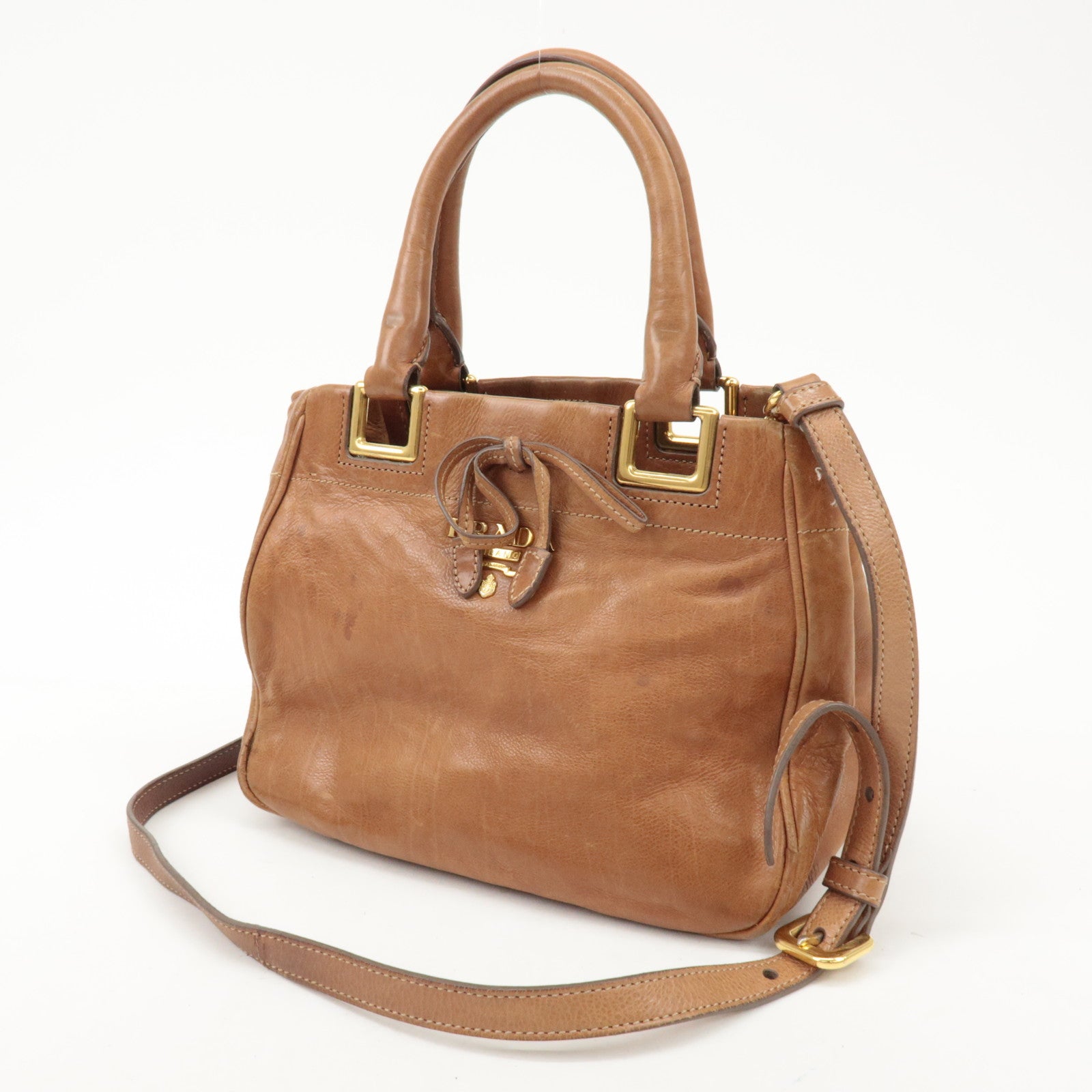 PRADA Logo Leather Ribbon 2Way Bag Hand Bag Brown BN2245 Used