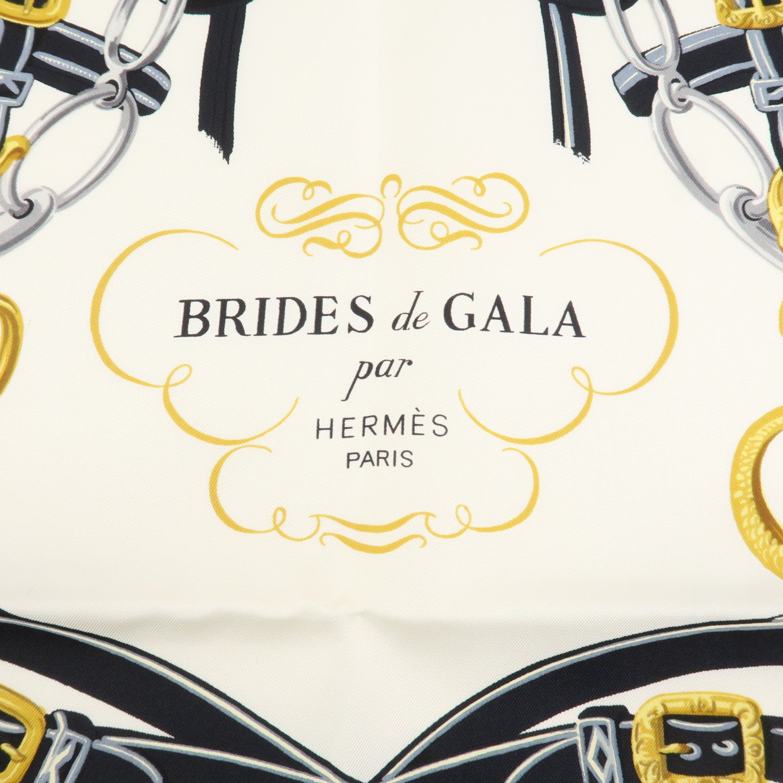 HERMES Carre 90 Silk 100% Scarf BRIDES DE GALA Black White