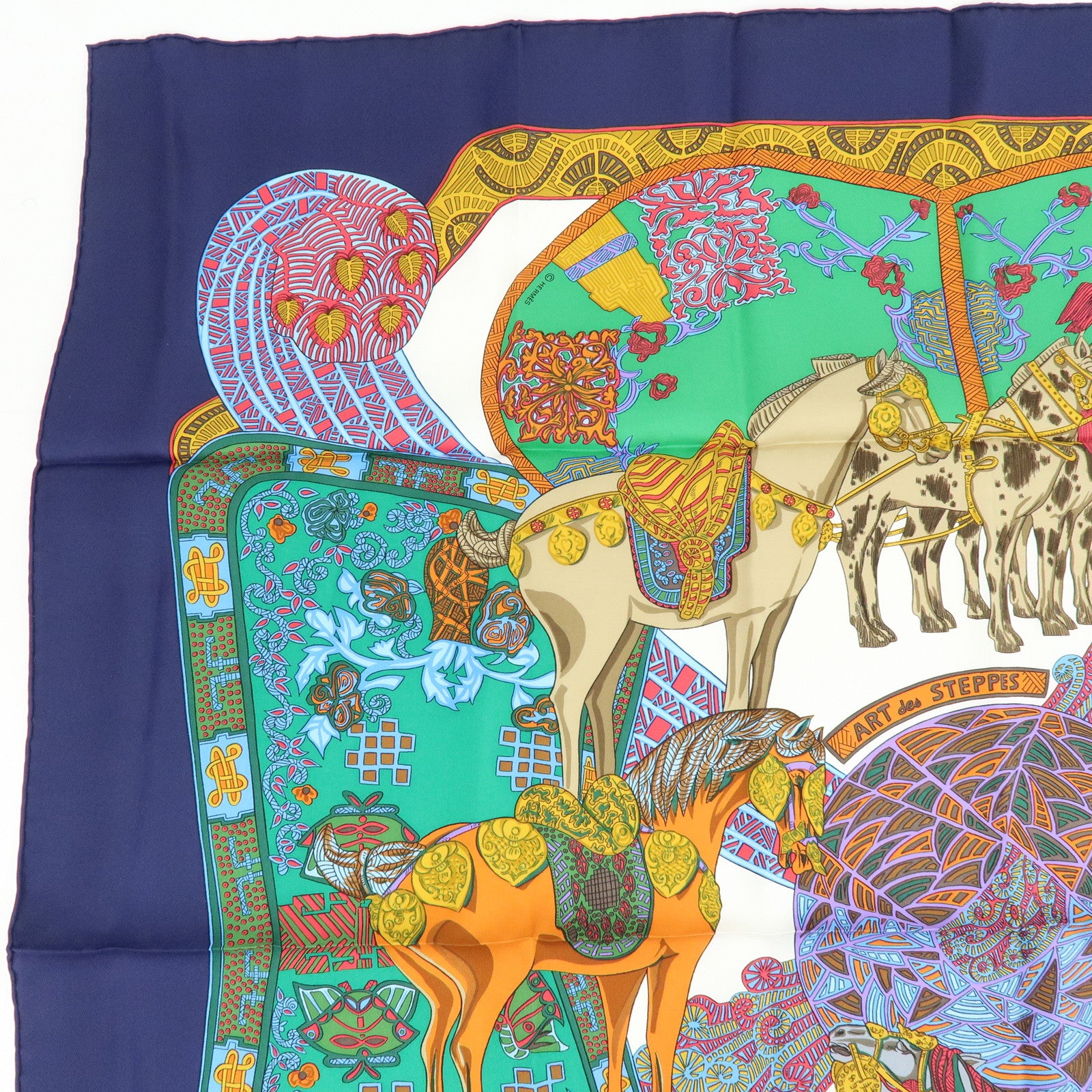 HERMES Carre 90 Silk 100% Scarf ART des STEPPES Horse Print Navy