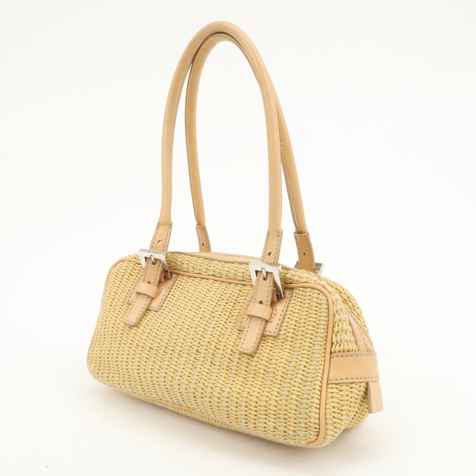 FENDI Raffia Leather Small Boston Hand Shoulder Bag Natural 8BN004