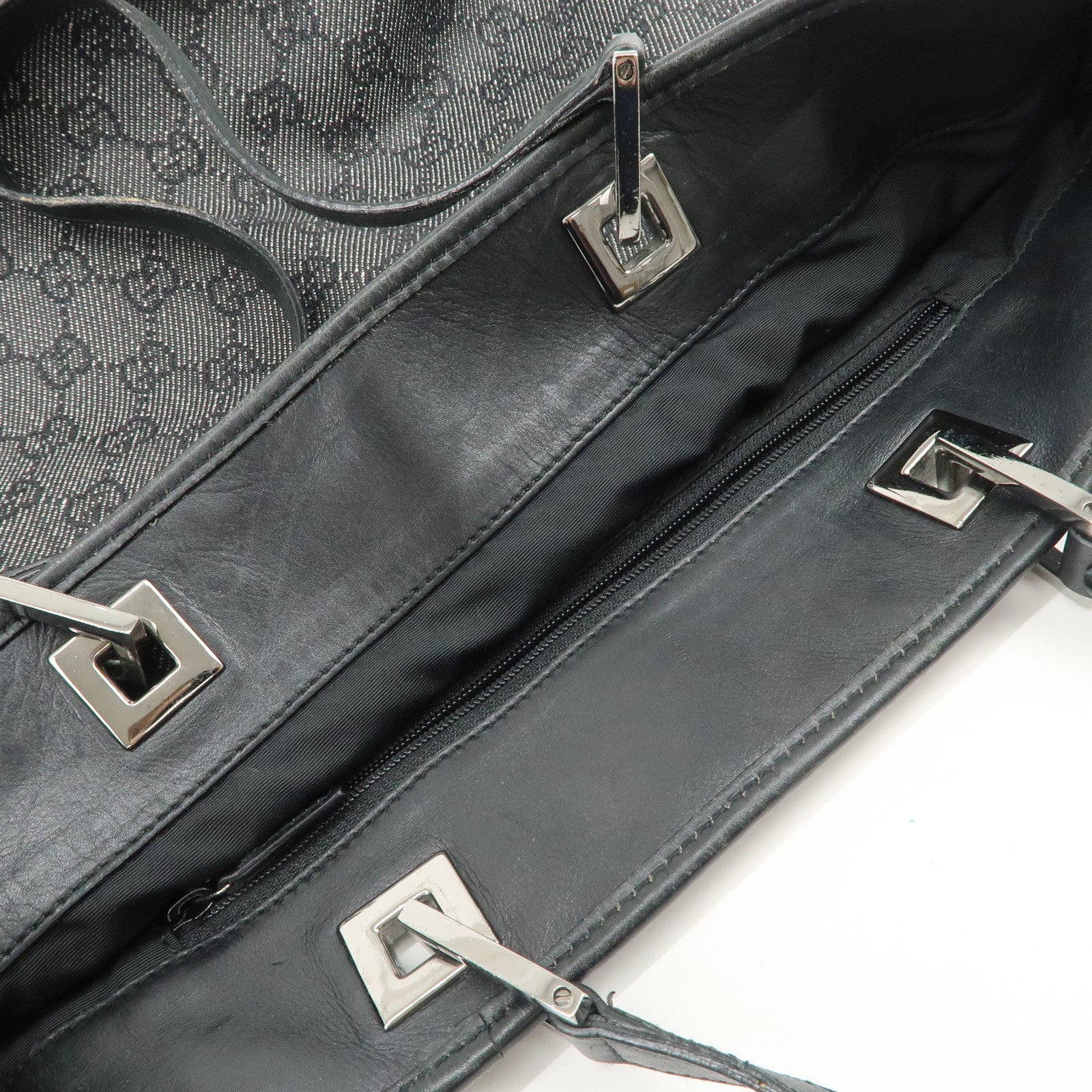 GUCCI GG Monogram Denim Leather Tote Bag Shoulder Bag Black 31243