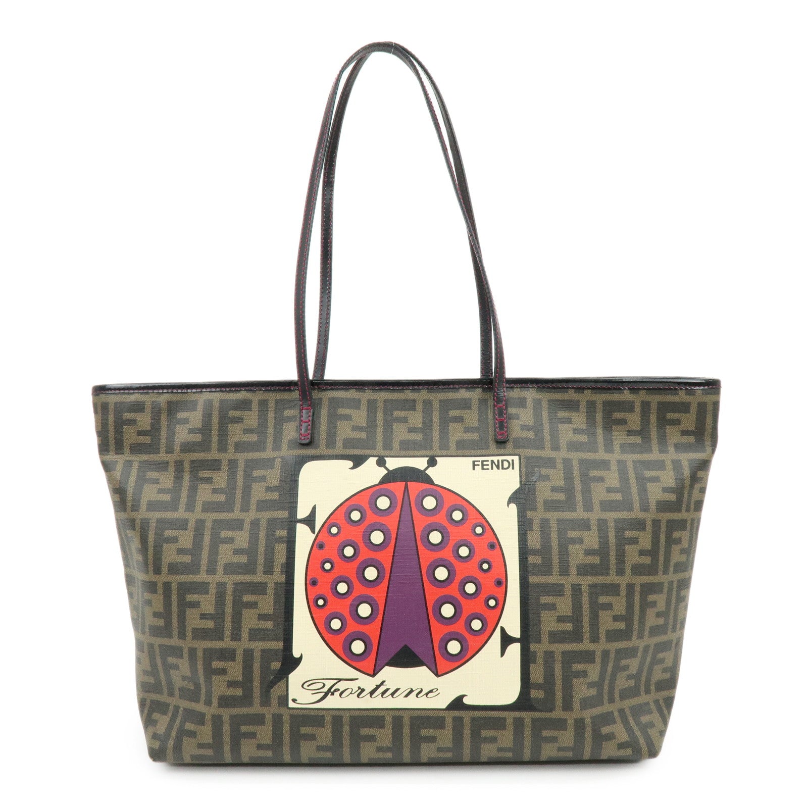 FENDI Zucca PVC Leather Ladybug Tote Shoulder Bag Brown Red 8BH185