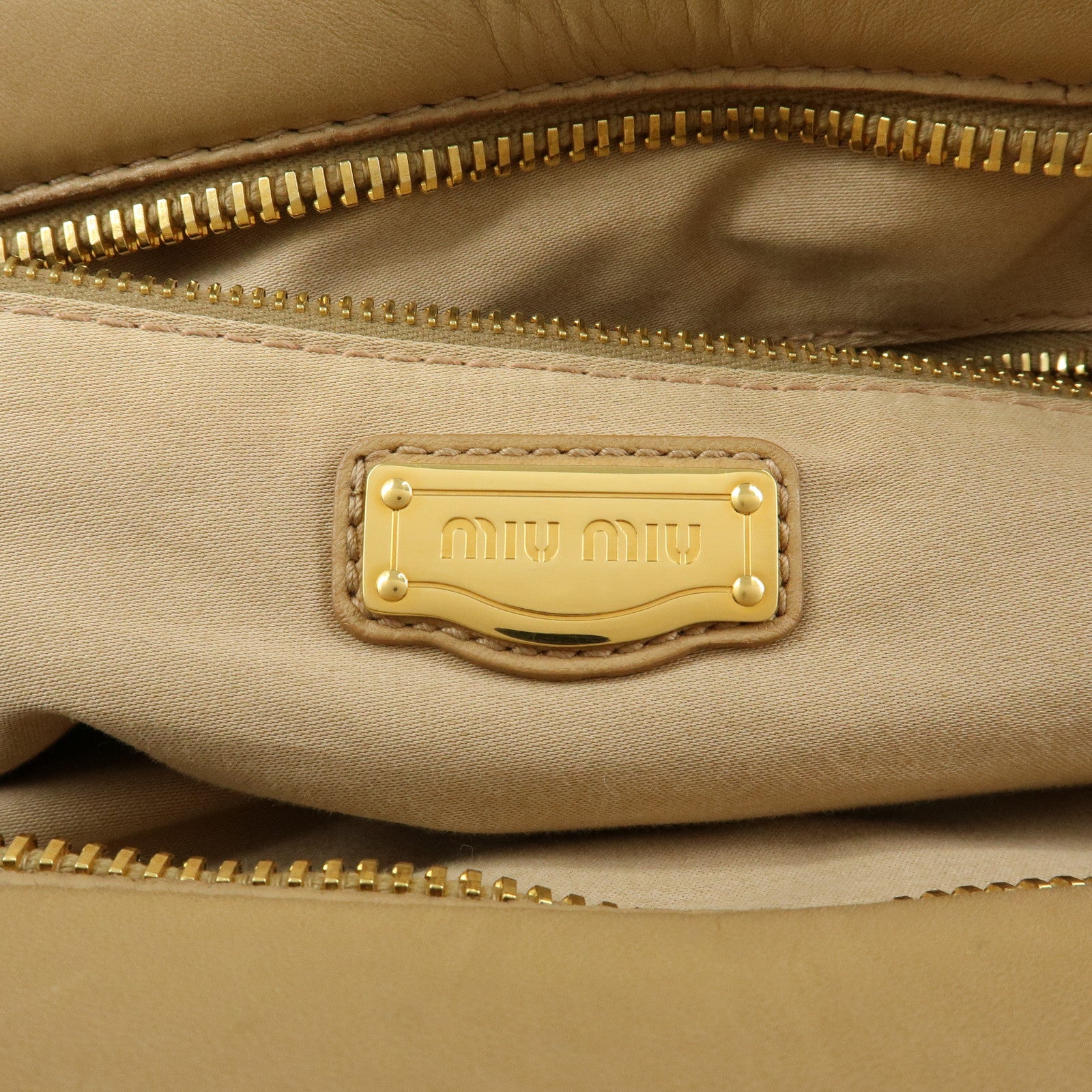 MIU MIU Logo Leather Hand Bag Boston Bag Beige