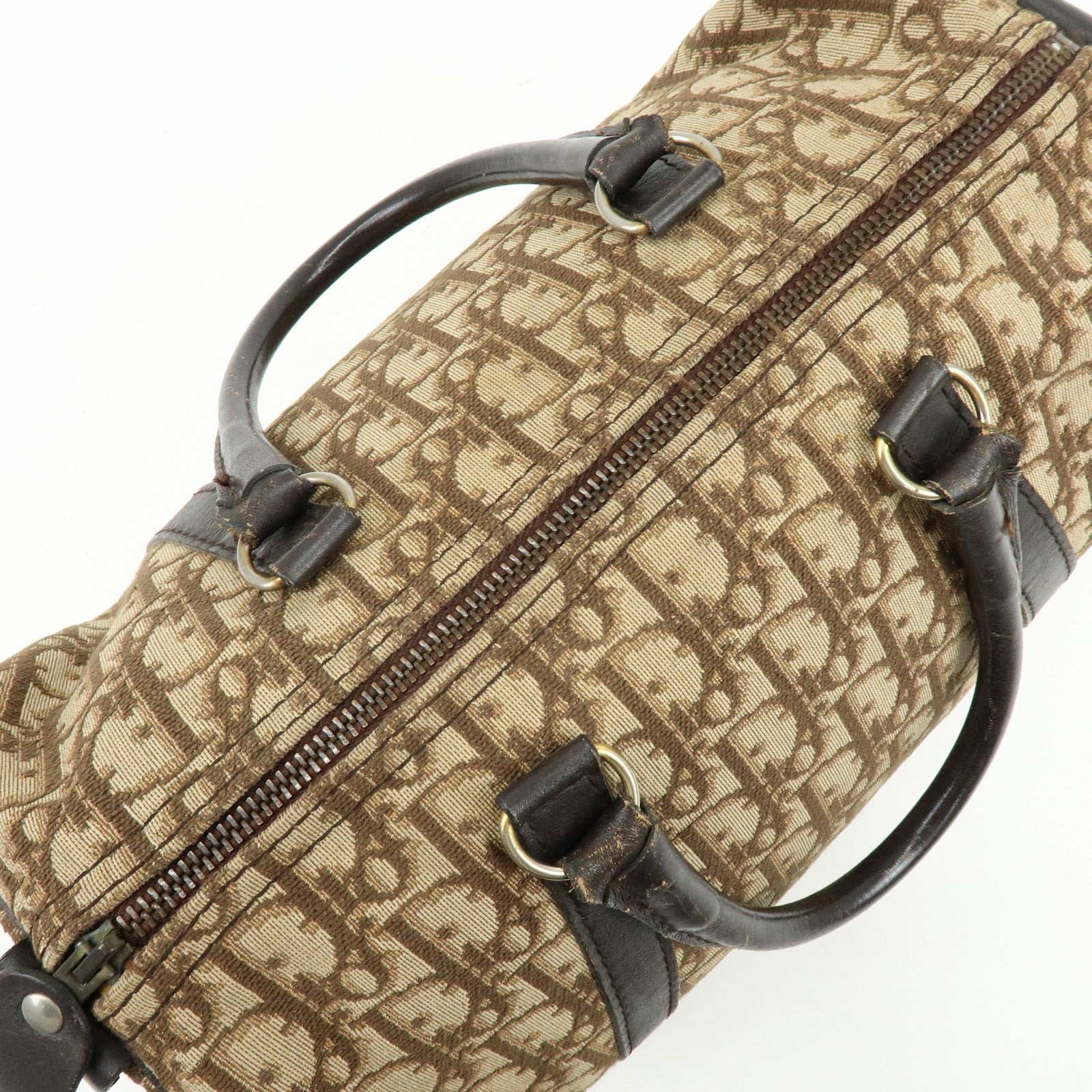 Christian Dior Trotter Jacquard Canvas Leather Boston Bag Brown