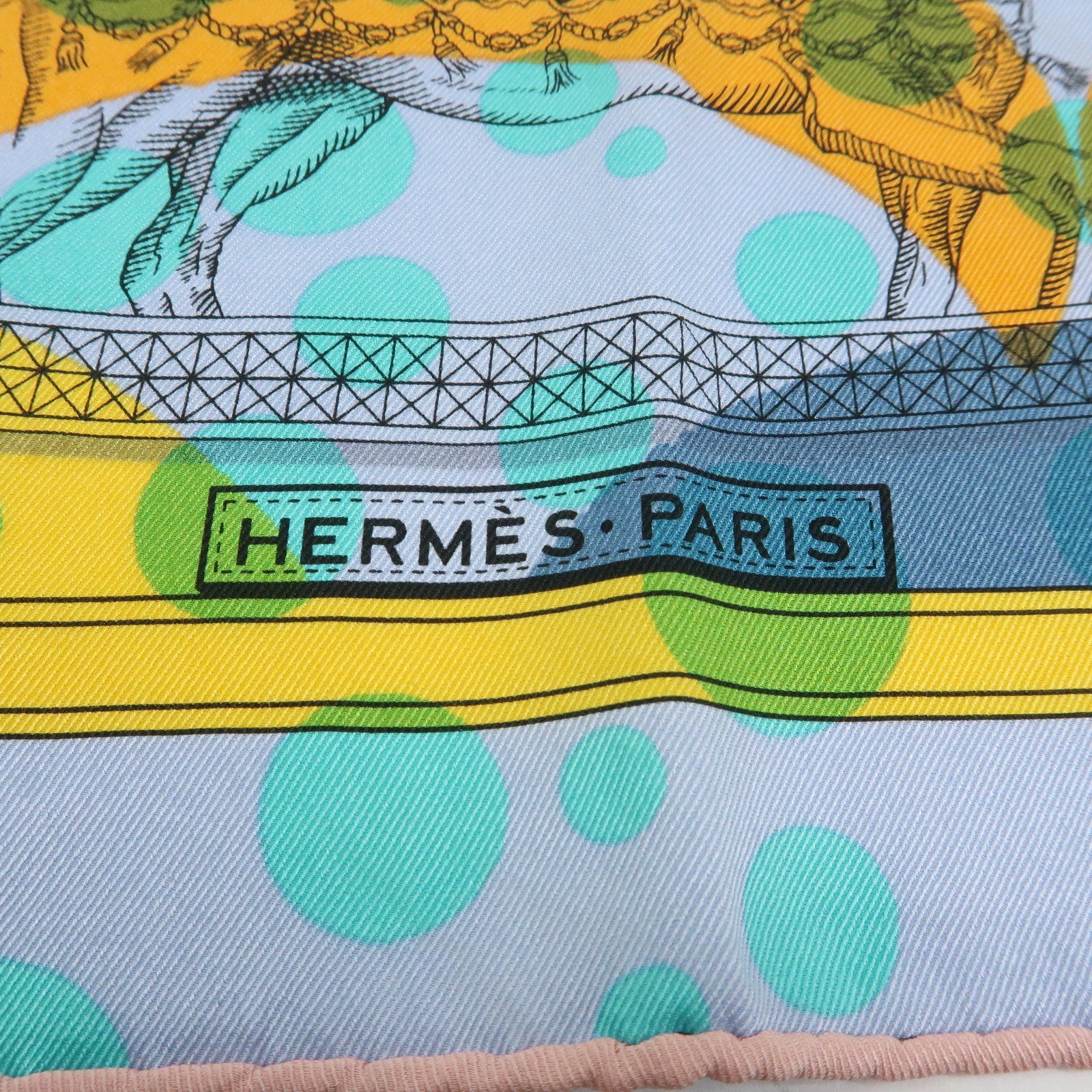HERMES Carre 70 Silk 100% Scarf Tres Grand Apparat Blue Yellow