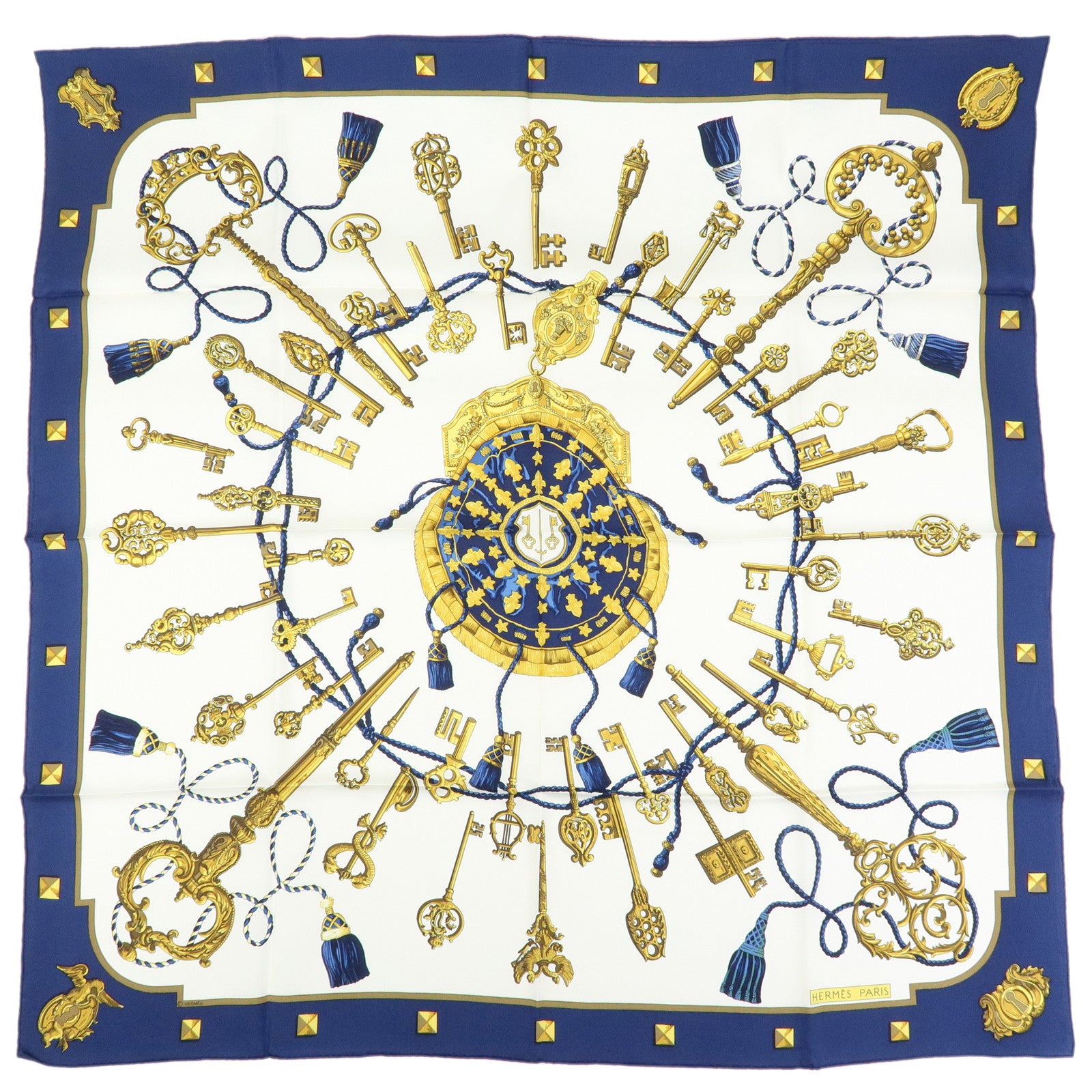 HERMES Carre 90 Silk 100% Scarf LES CLES THE KEYS RARE Navy Gold