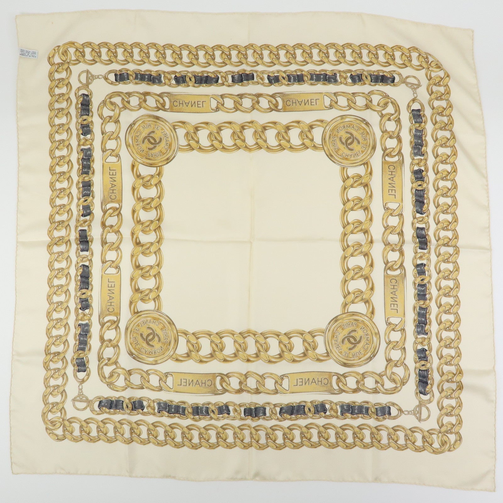 CHANEL Silk 100% Scarf Chain Medal Motif Beige Gold