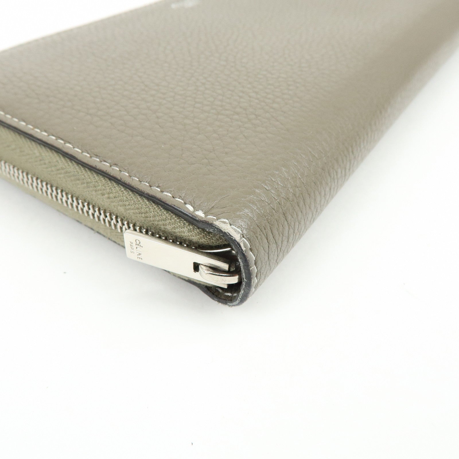CELINE Logo Claf Leather Round Zippy Long Wallet Greige Beige