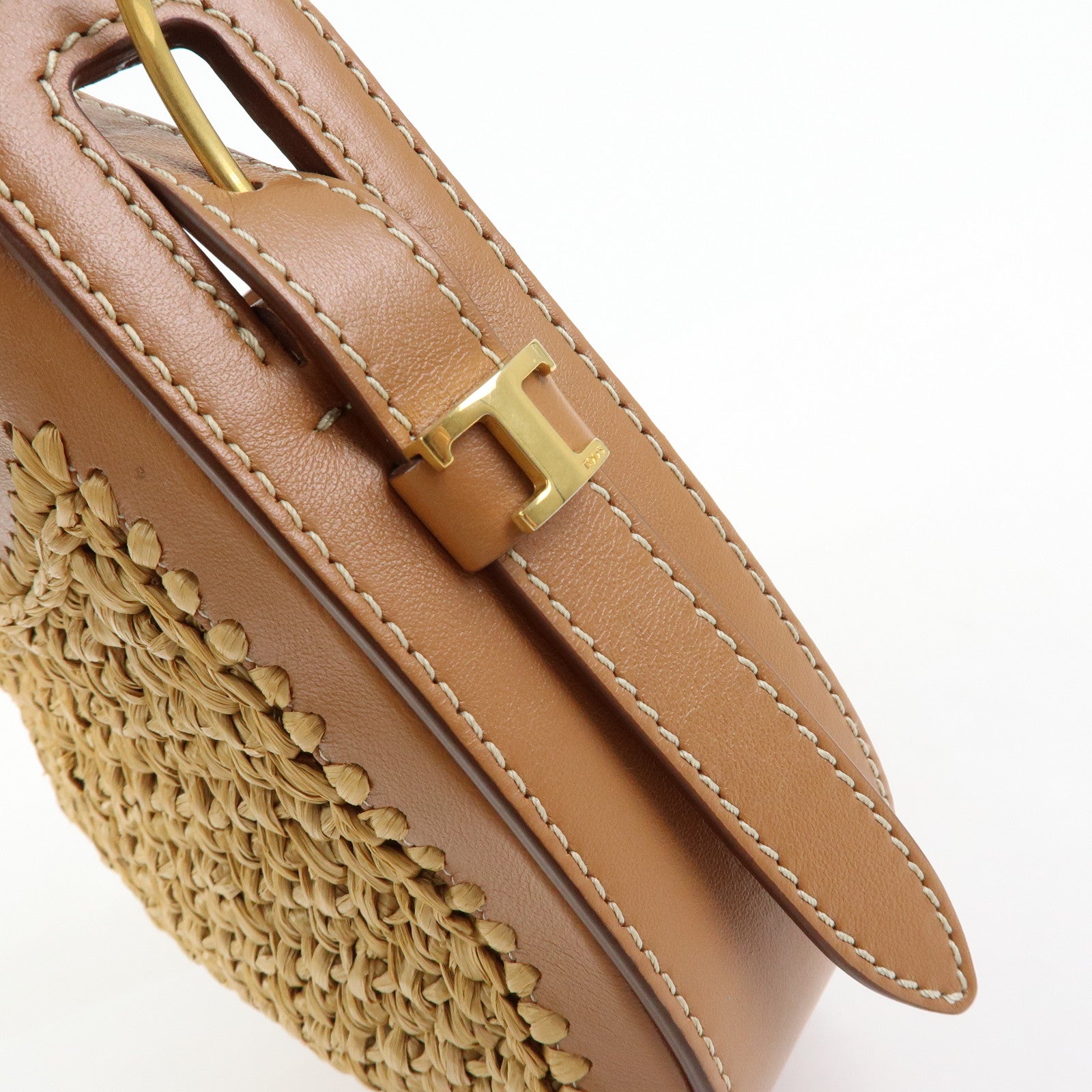 TOD'S Oboe Raffia Leather Shoulder Bag Crossbody Bag Beige Brown