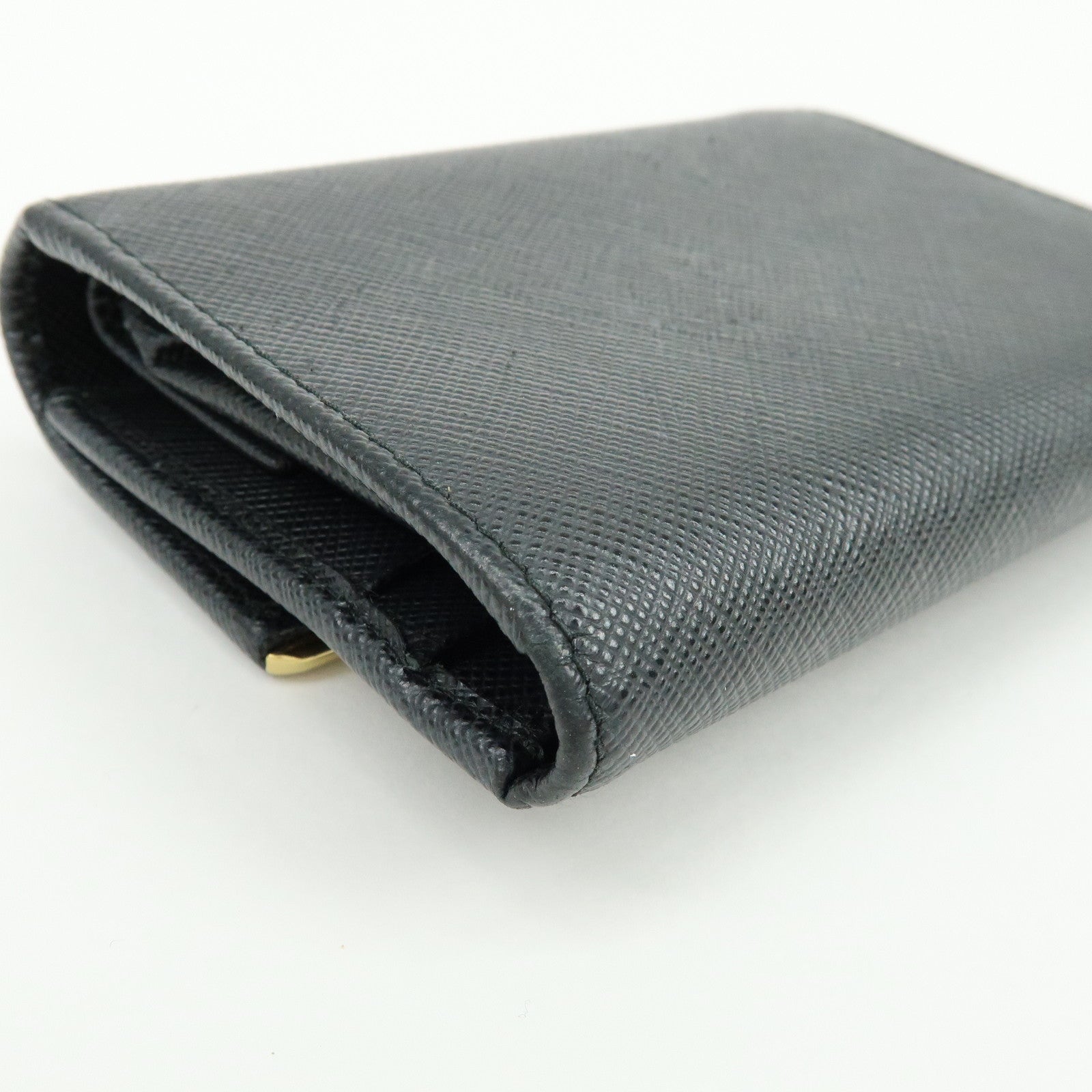 PRADA Saffiano Leather Bi-fold Compact Wallet Black Gold 1MH840