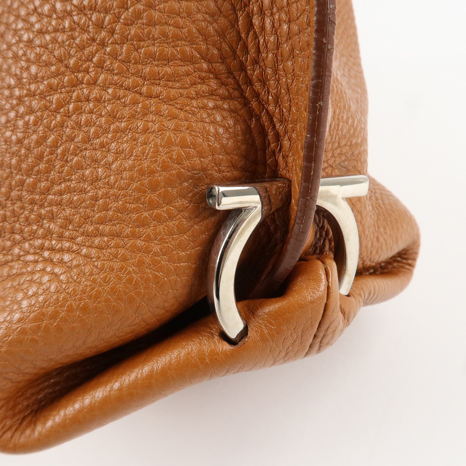 Ferragamo Gancini Leather Shoulder Bag Brown Silver Hardware Used