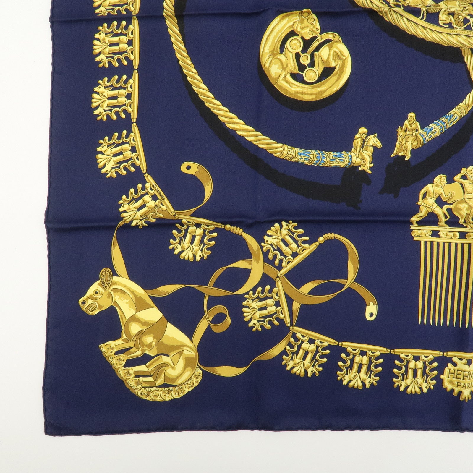 HERMES Carre 90 Silk 100% Scarf LES CAVALIERS D'OR Navy Gold