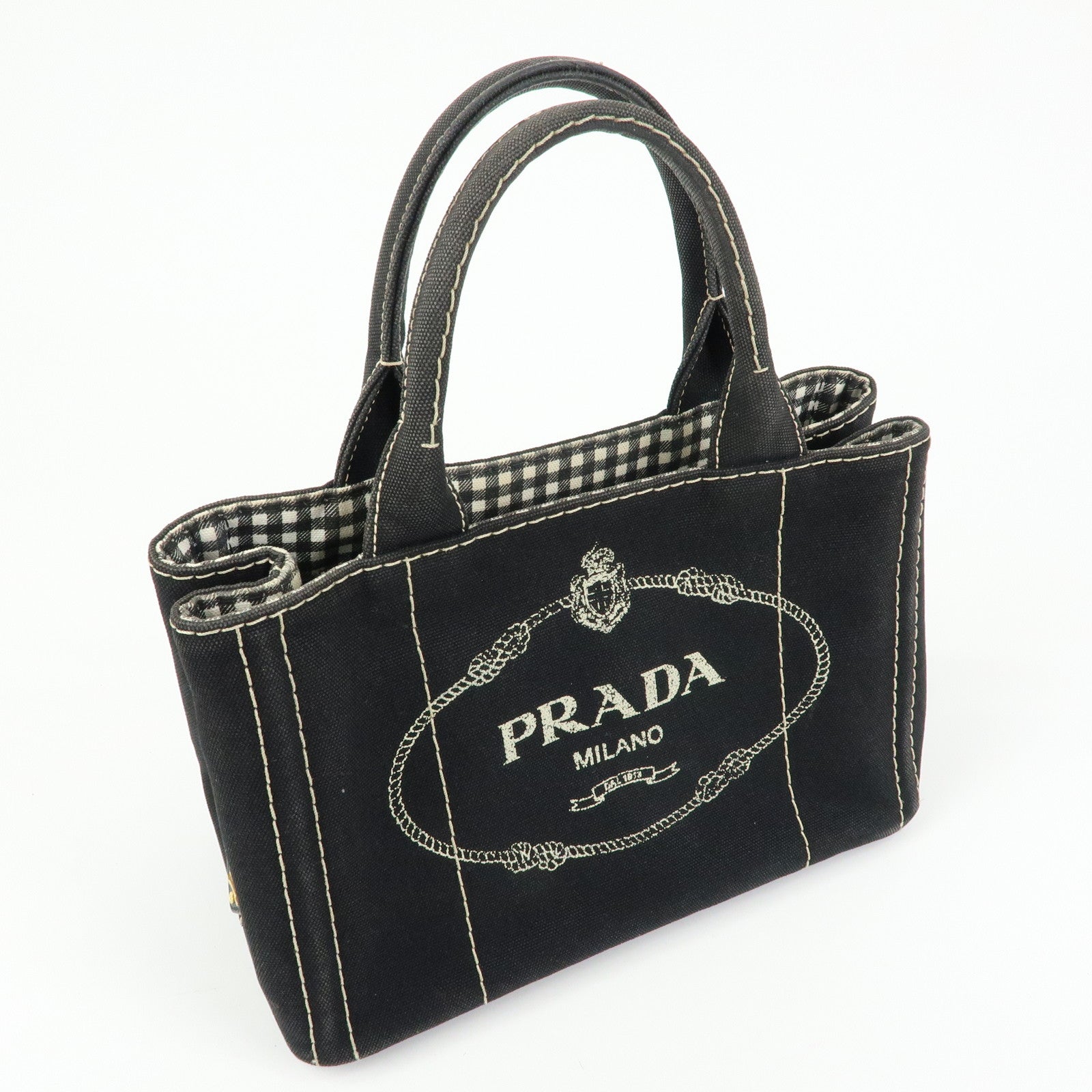 PRADA Canapa Mini Triangle Logo Canvas 2Way Hand Bag Black 1BG439