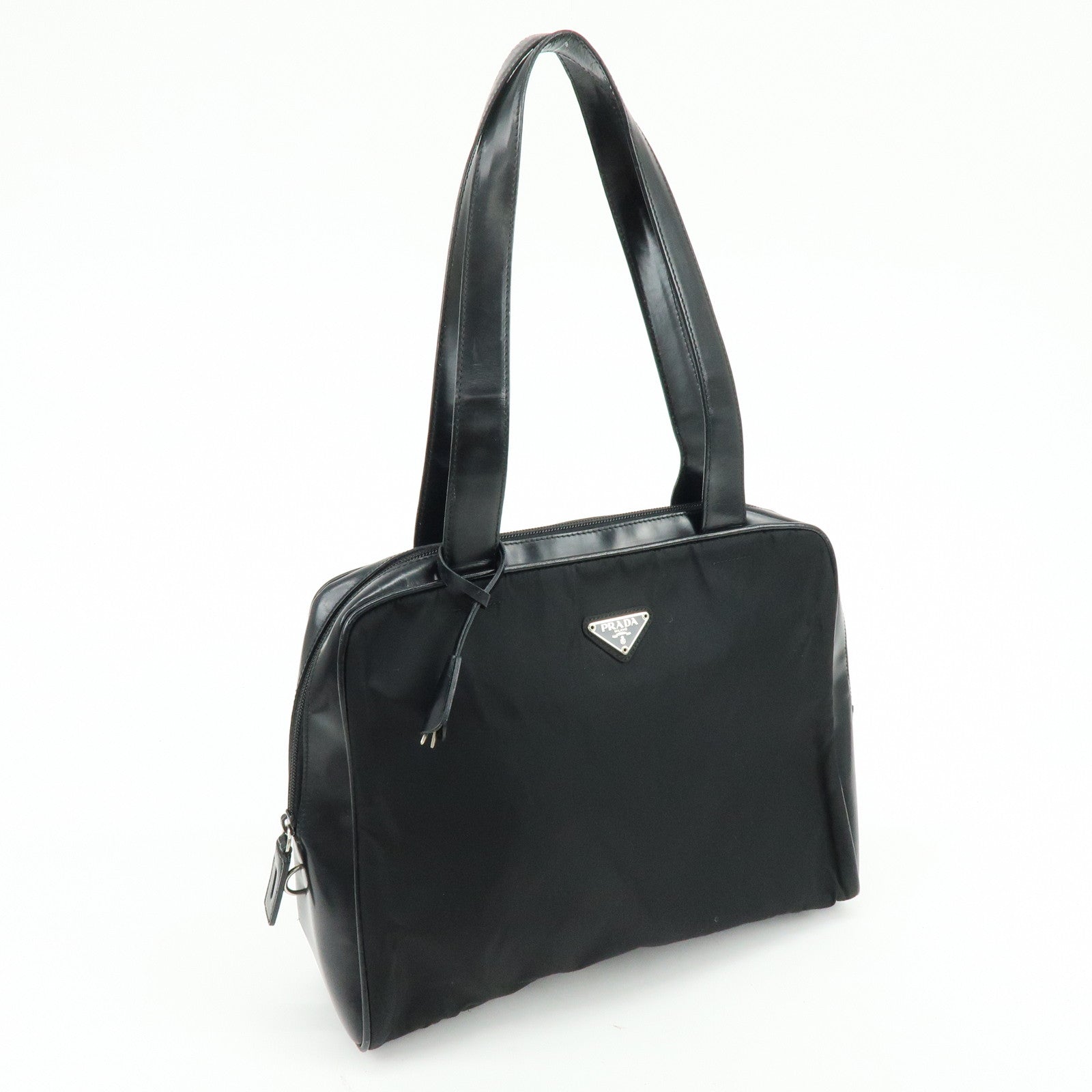 PRADA Triangle Logo Nylon Leather Shoulder Bag Tote Bag Black