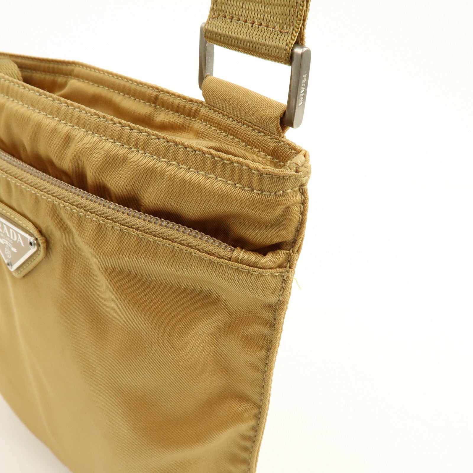 PRADA Triangle Logo Nylon Leather Shoulder Bag Beige B7372