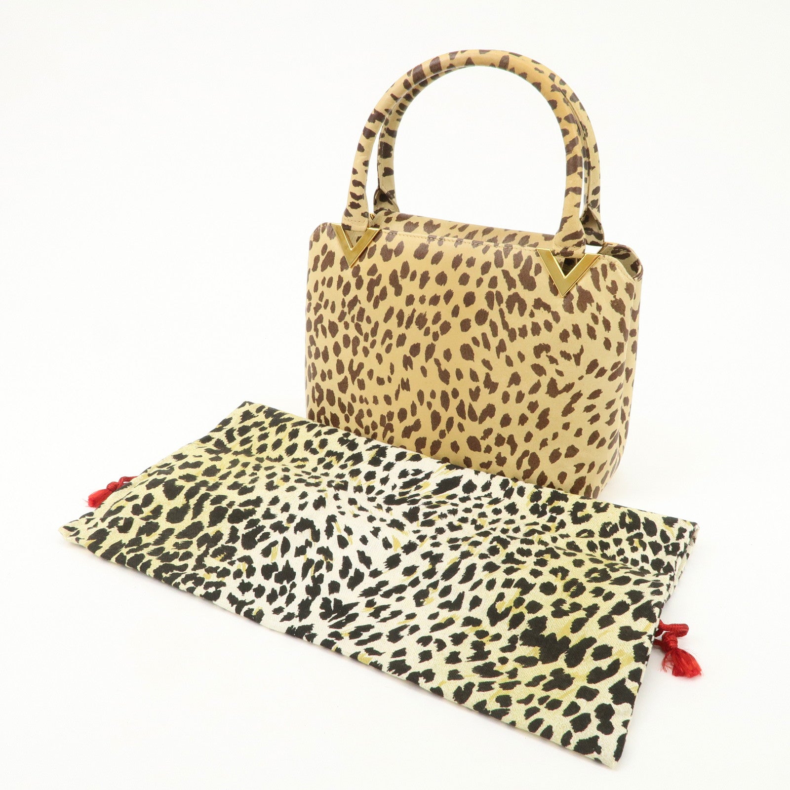VALENTINO Leather Hand Bag Animal Leopard Beige Brown