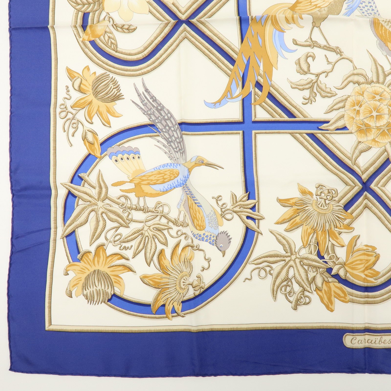 HERMES Carre Silk 100% Scarf Caraibes Oiseaux Ivory Blue