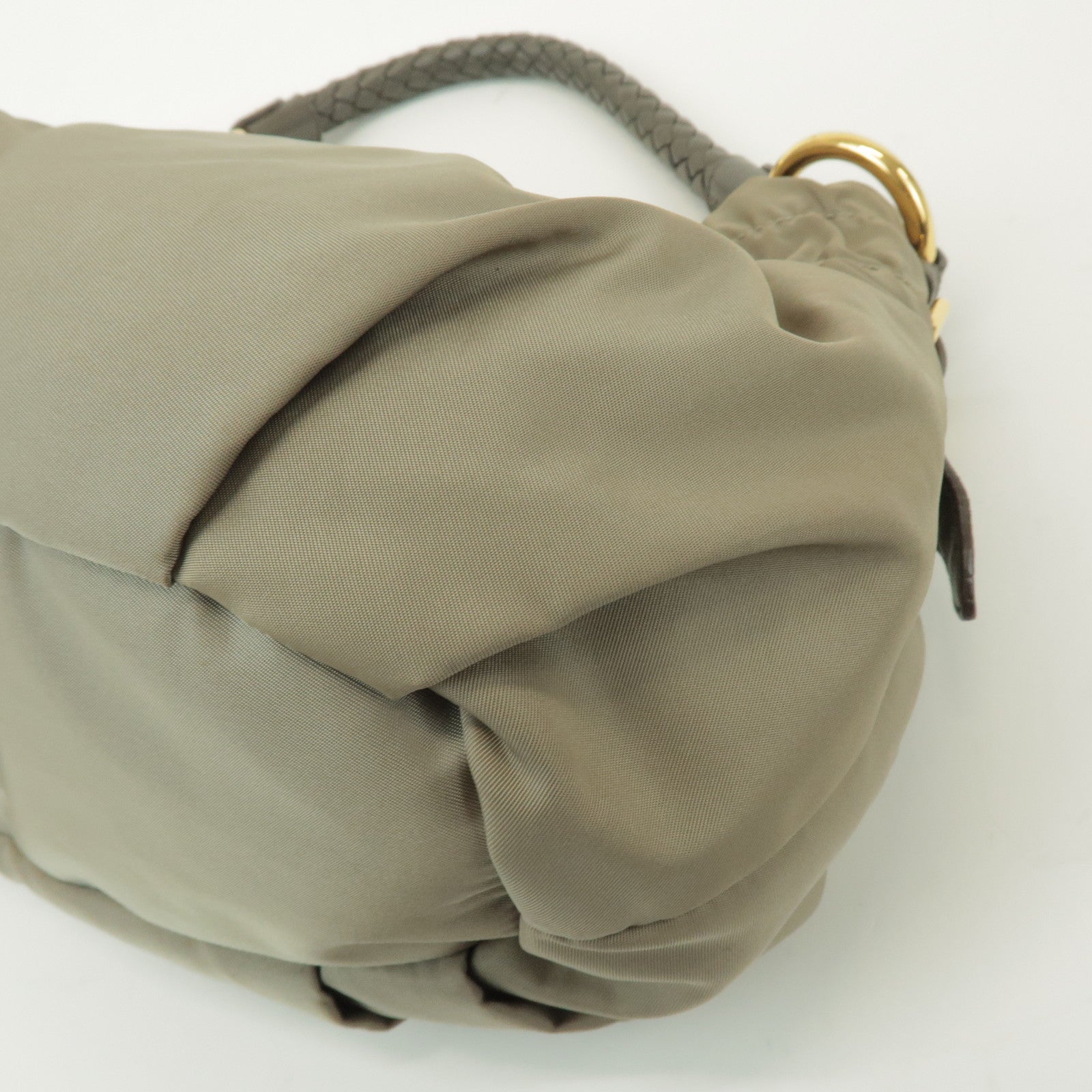 PRADA Gathered Ribbon Nylon Shoulder Bag Hand Bag Khaki BR4237