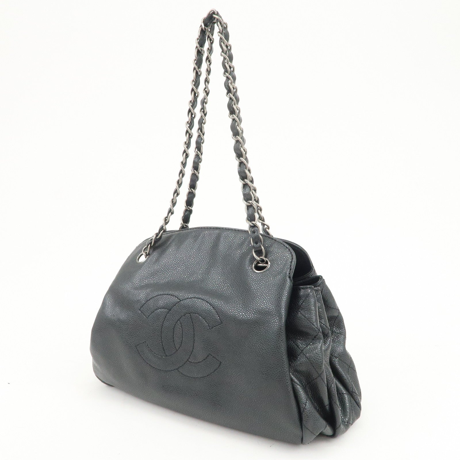 CHANEL COCO Mark Caviarskin Chain Shoulder Bag Black Silver