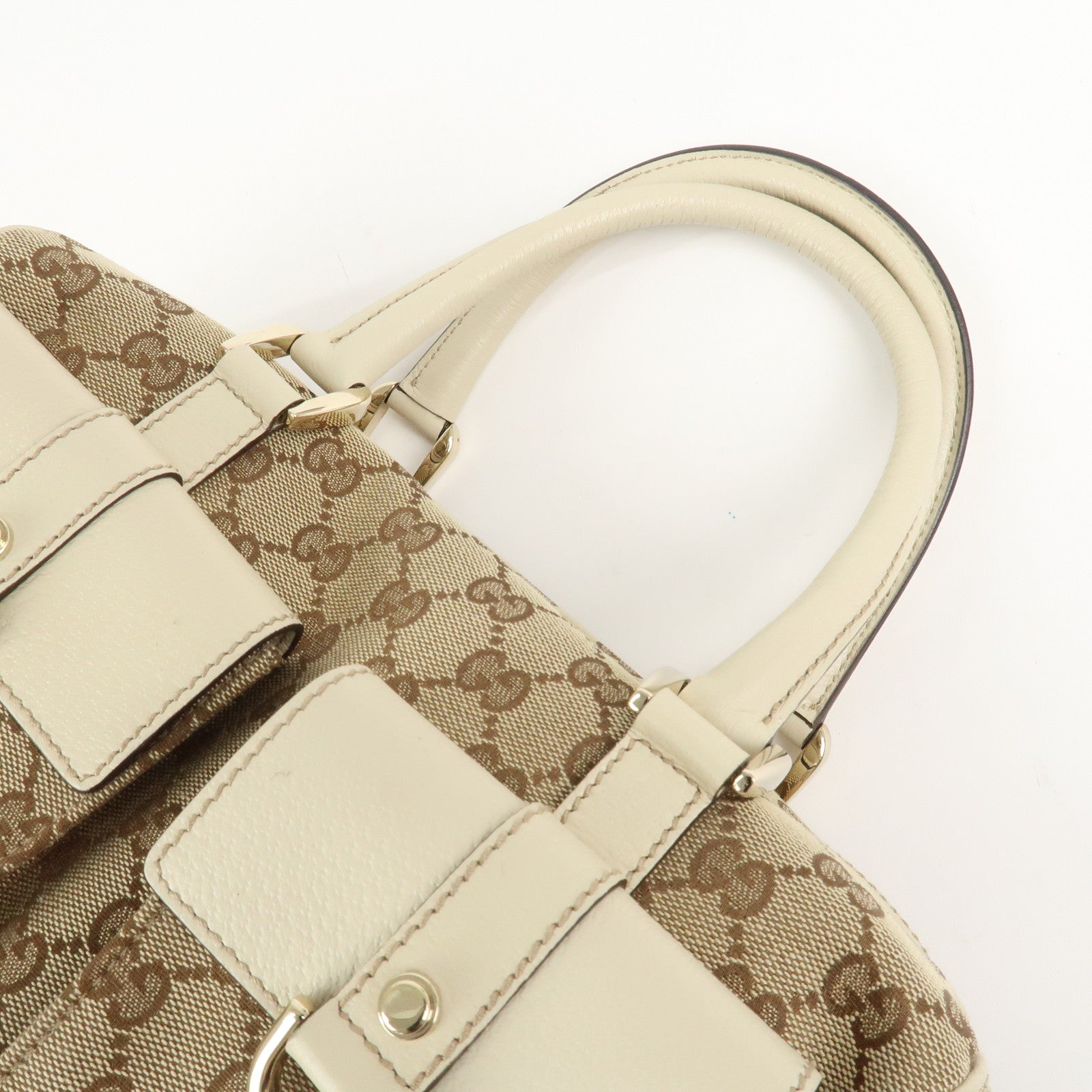 GUCCI GG Canvas Leather Mini Boston Bag Hand Bag Brown Ivory 153026