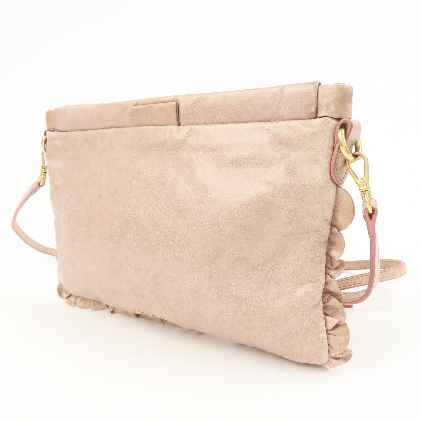 MIU MIU Logo Frilled Leather Shoulder Bag Crossbody Bag Pink Beige