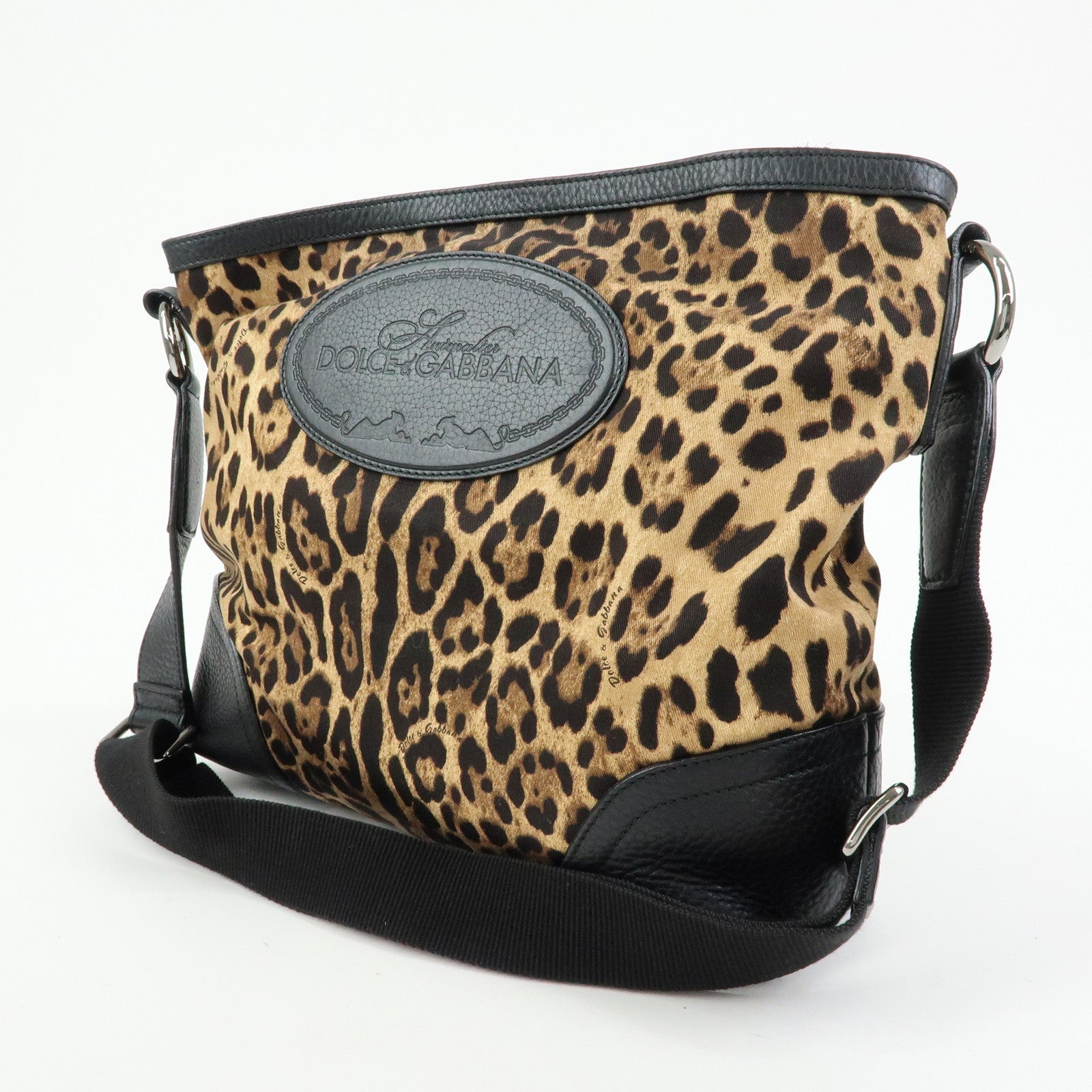 DOLCE & GABBANA Canvas Leather Shoulder Bag Leopard Brown Black