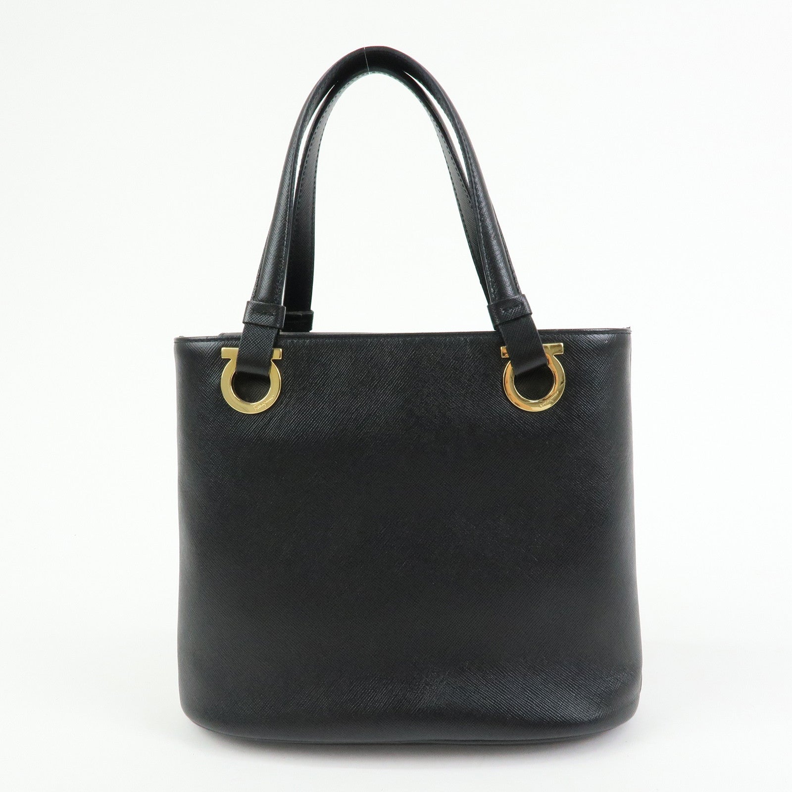 Ferragamo Gancini Leather Tote Bag Hand Bag Bucket Bag Black