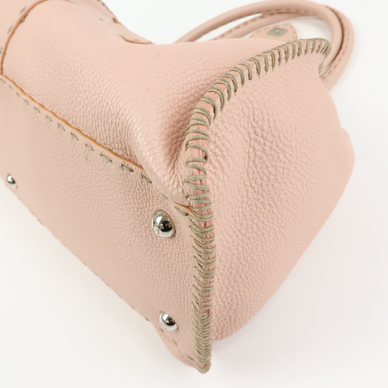 FENDI Selleria Stitches Leather Tote Bag Hand Bag Pink 8BR457