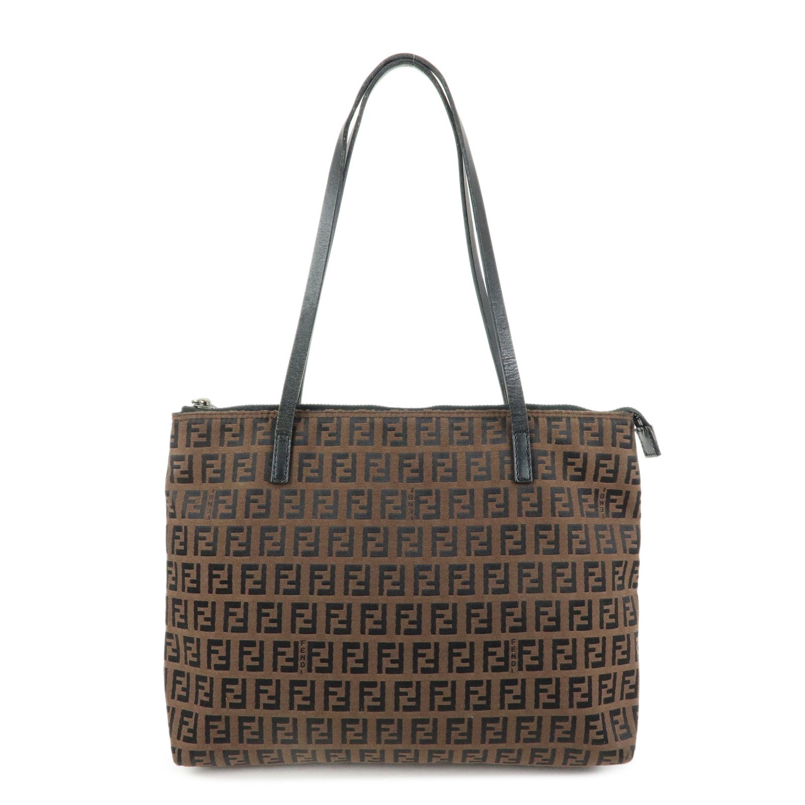 FENDI Zucchino Canvas Leather Tote Bag Hand Bag Brown Black 8BH024