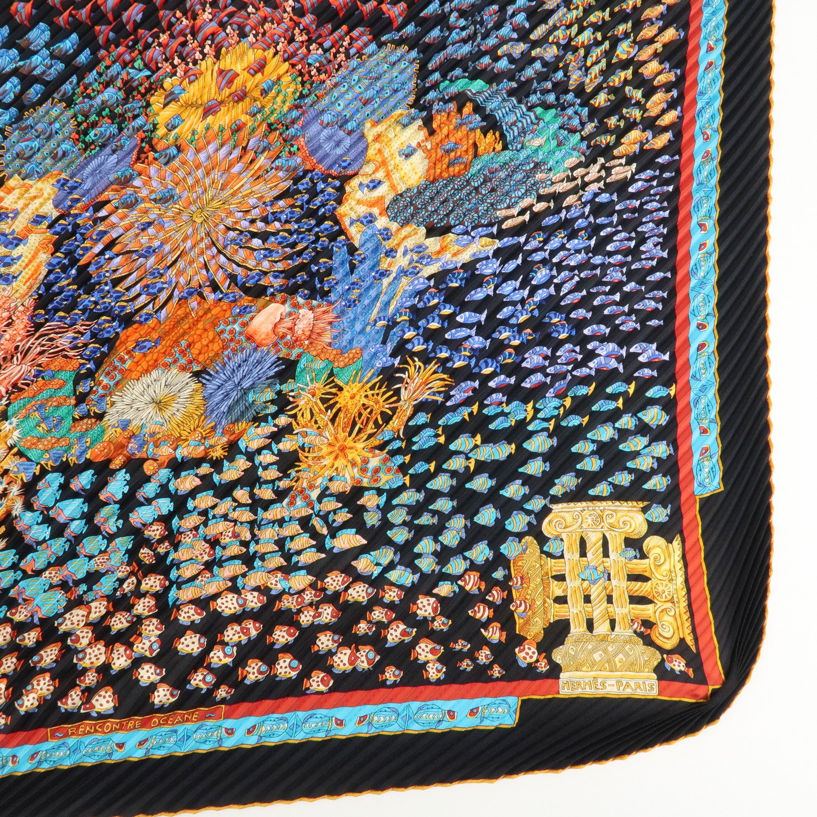 HERMES 100% Silk Pleats Carre Scarf ASTRES et SOLEILS Blue Multi Color Used