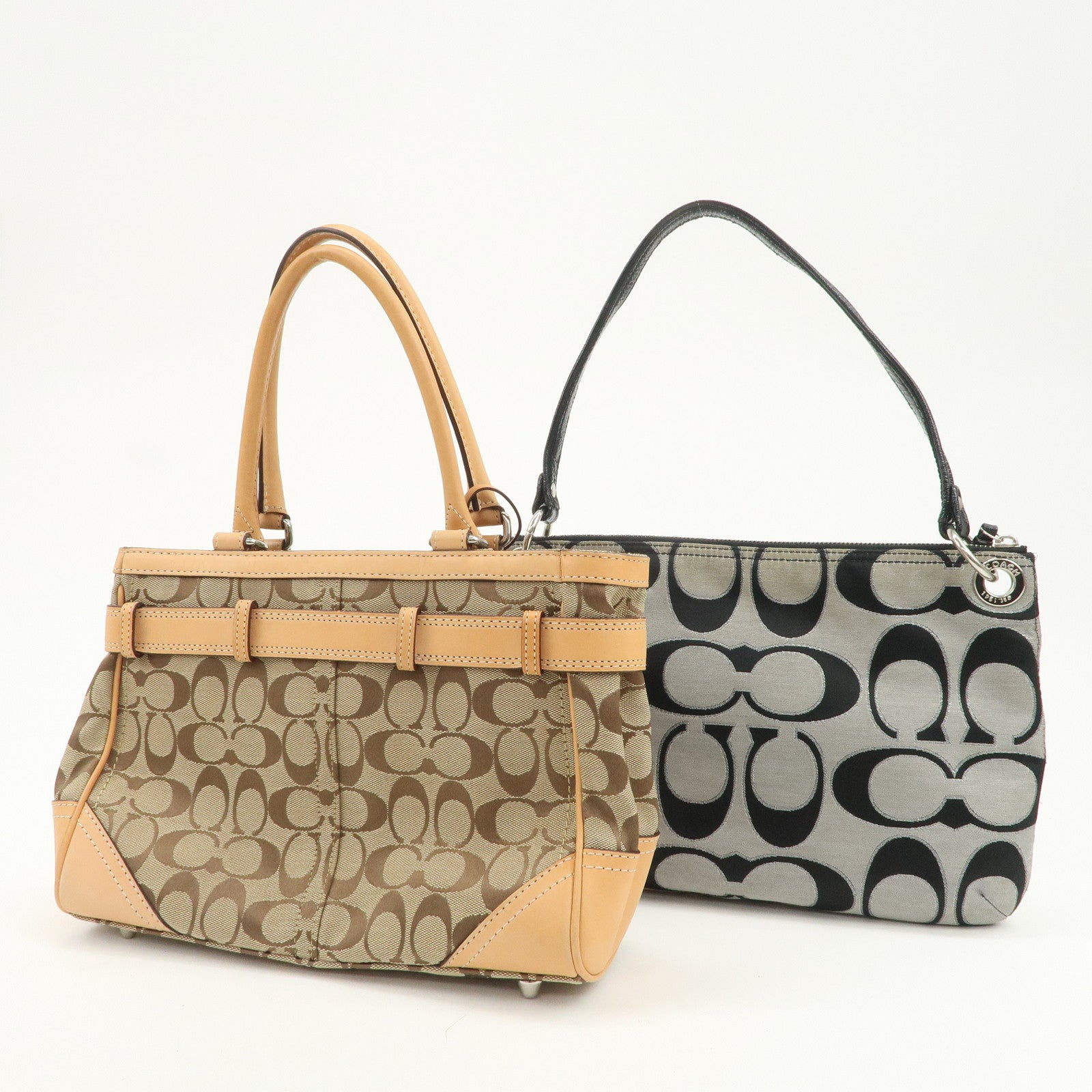COACH Signature Canvas Leather Set of 2 Hand Bag Black Light Brown