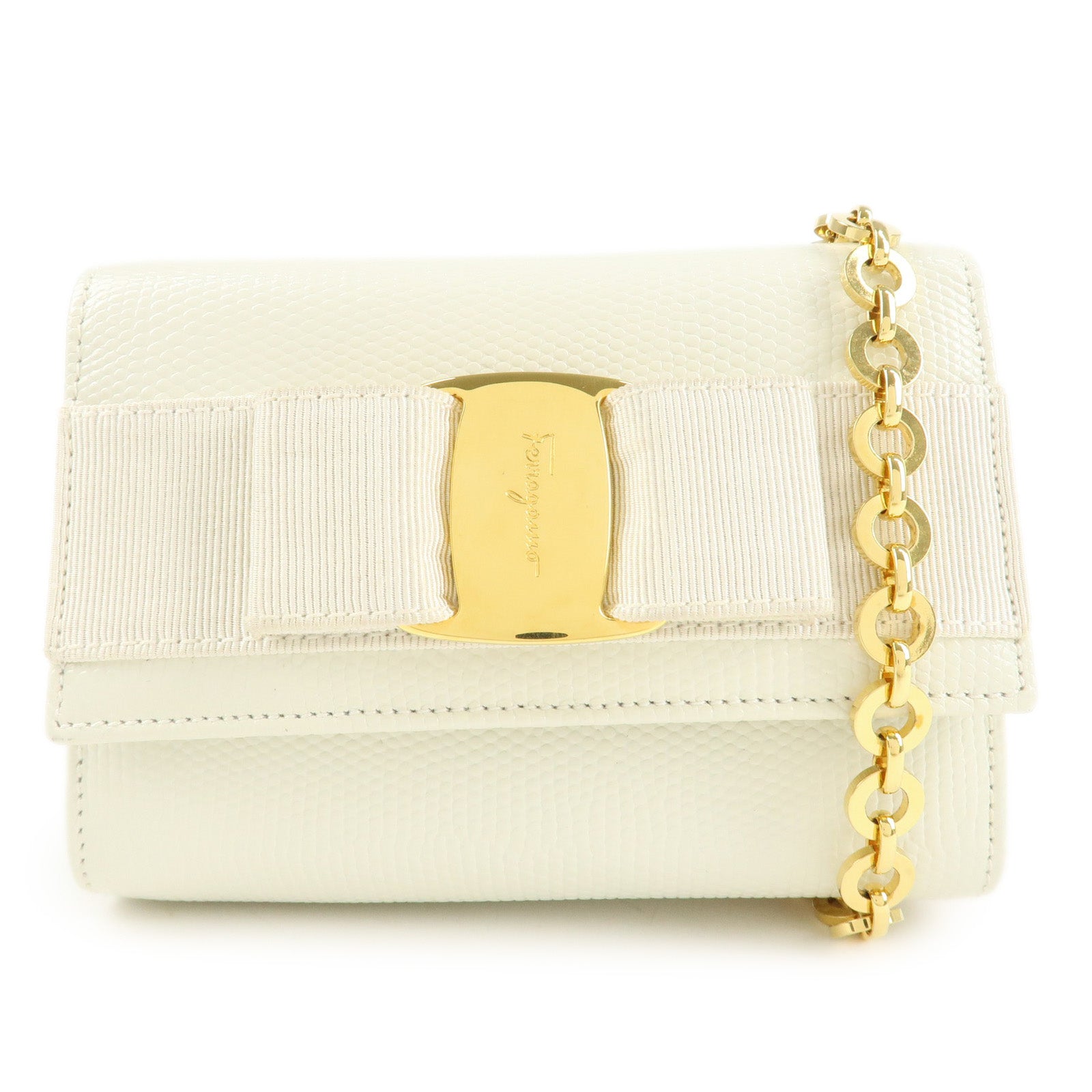 Ferragamo Vara Ribbon Leather Nylon Chain 2Way Shoulder Bag White Used