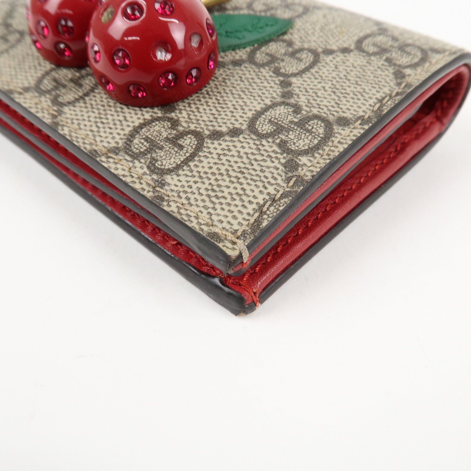 GUCCI Interlocking G GG Supreme Cherry Compact Wallet Beige 476050 Used