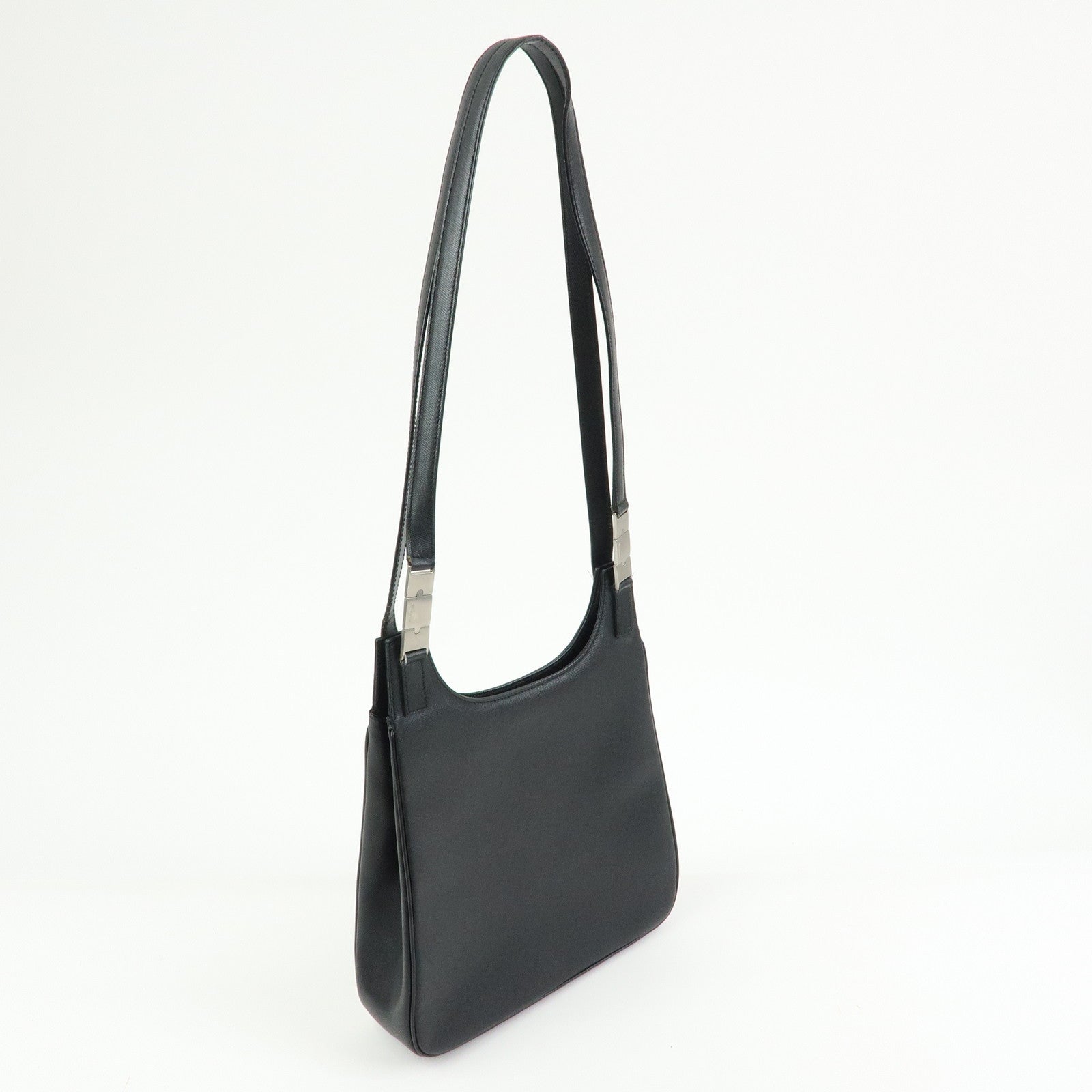 Ferragamo Logo Silver Buckle Leather Shoulder Bag Hand Bag Black