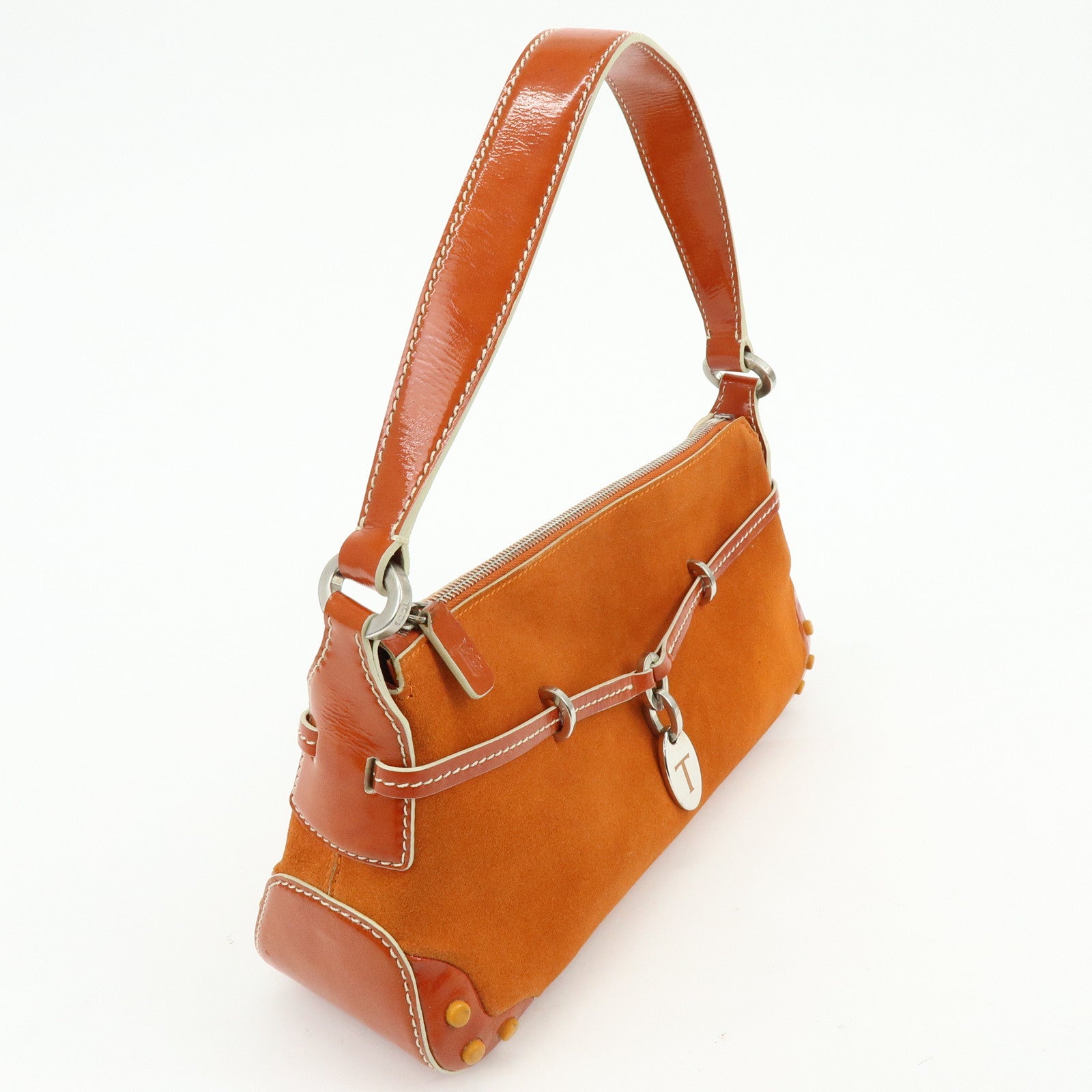 TOD'S Suede Patent Leather Shoulder Bag Hand Bag Orange