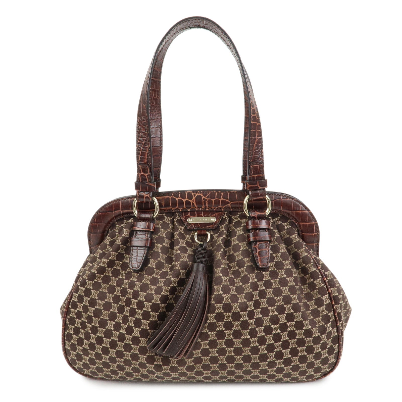 CELINE Macadam Canvas Embossed Leather Shoulder Bag Hand Bag Brown