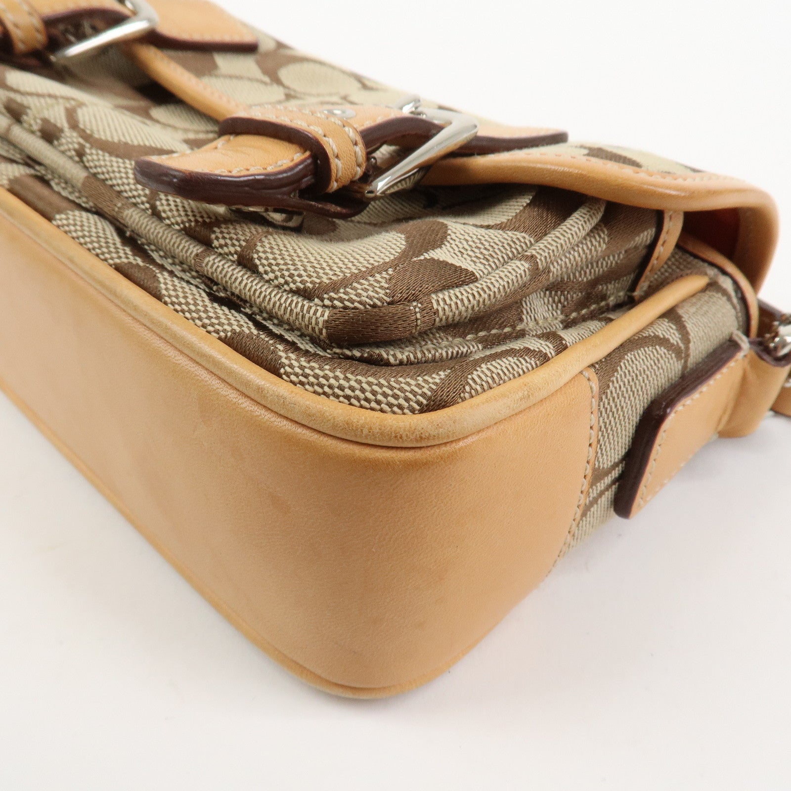 COACH Signature Canvas Leather Shoulder Bag Beige Light Brown