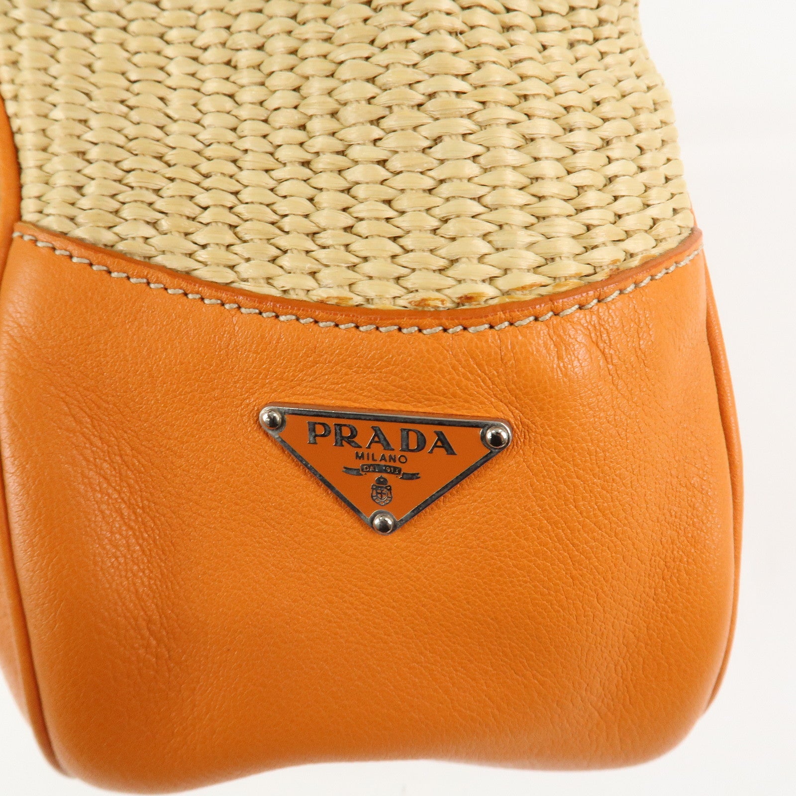 PRADA Logo Raffia Leather Shoulder Bag Hand Bag Orange BR2923